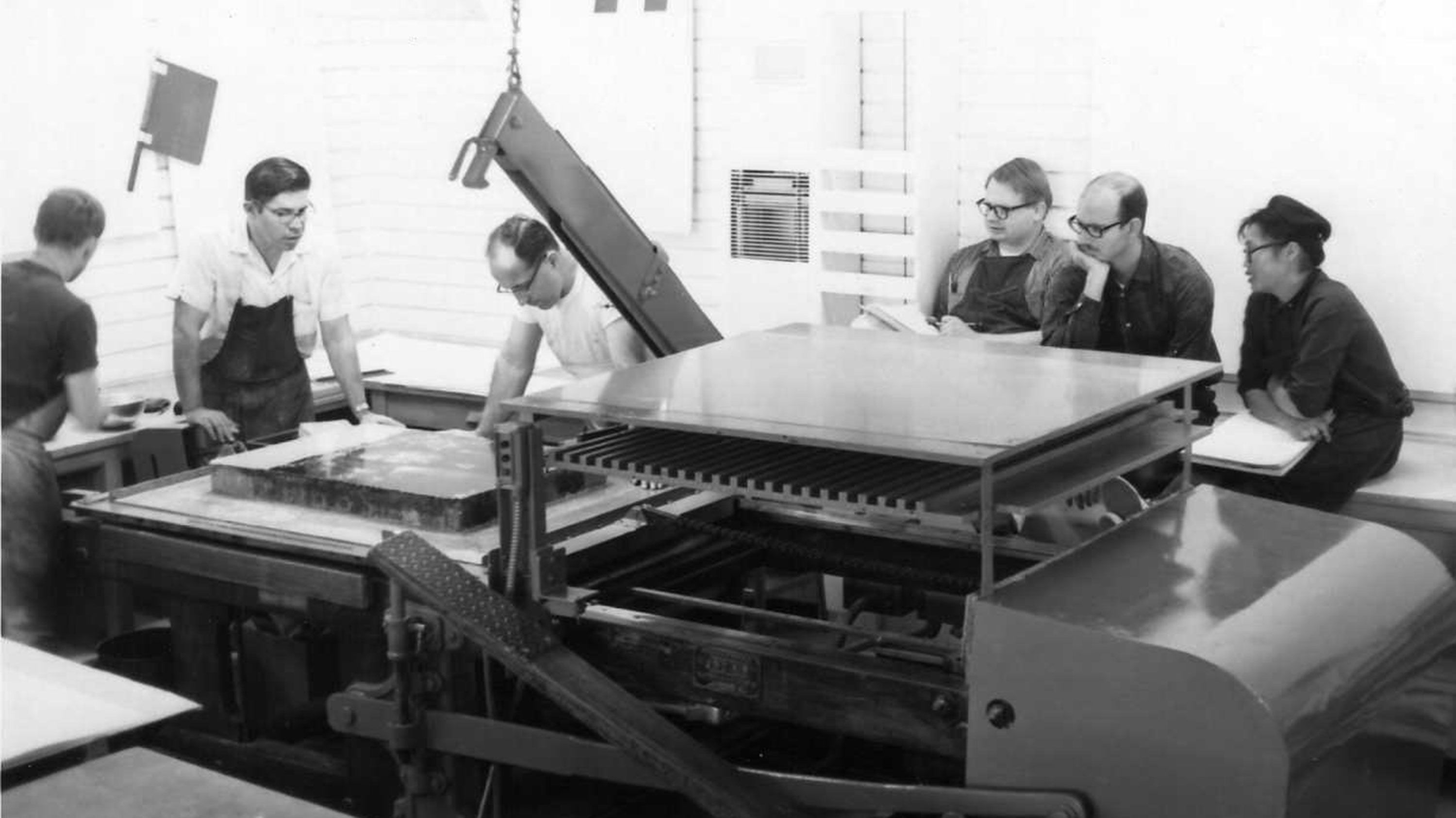 Ruth Asawa at the Tamarind Lithography Workshop printing press