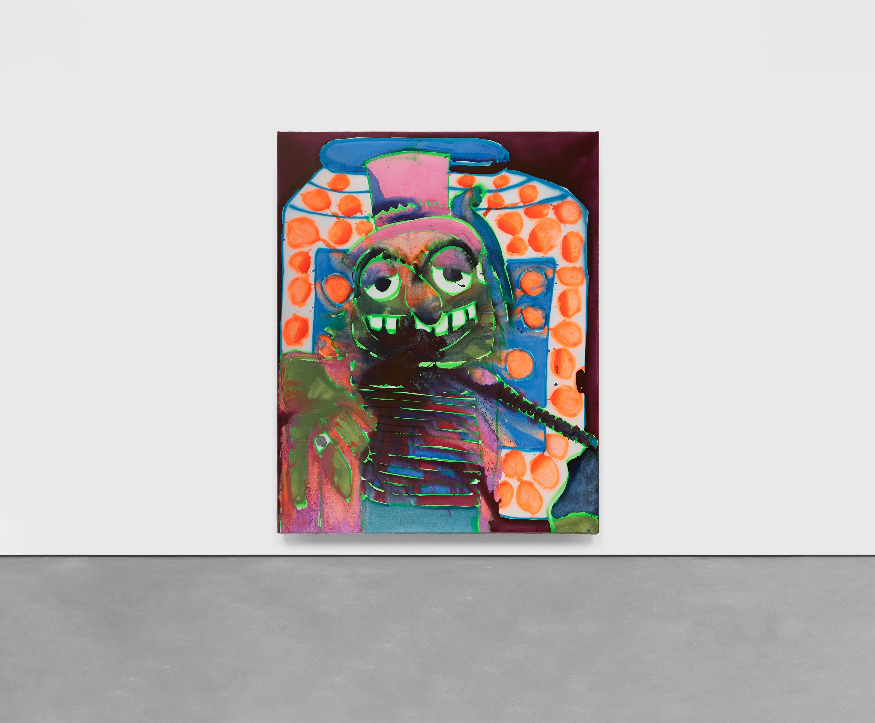 An installation view of an acrylic and spray paint on canvas artwork by Katherine Bernhardt, titled Dr Teeth plus Cheese Balls, dated 2021.