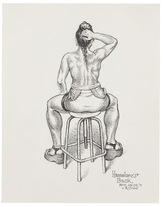 A drawing by R. Crumb titled, Hannelore's Back, dated 1999.