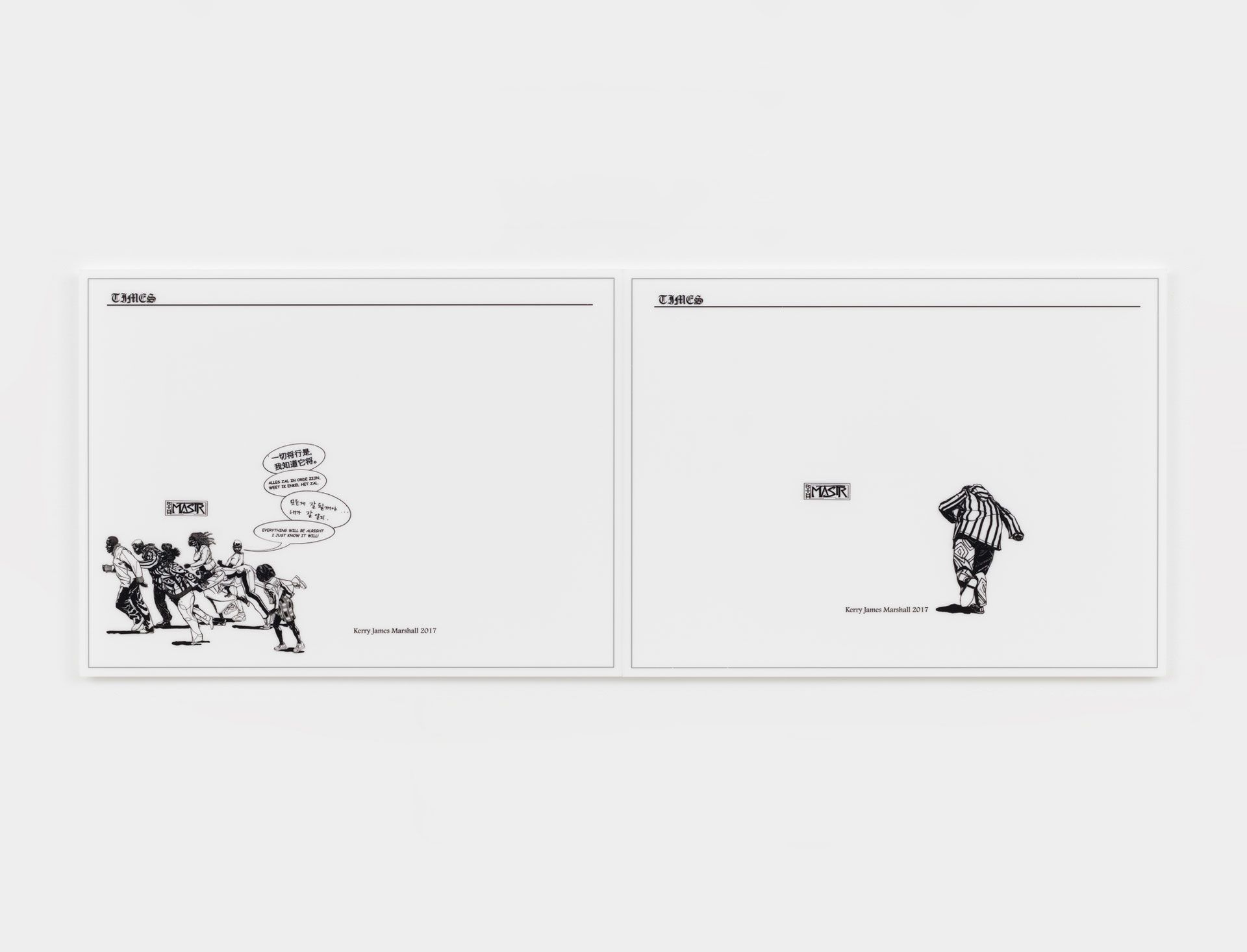 An inkjet print on plexiglas by Kerry James Marshall titled Dailies: Everything will be alright, dated 2017.