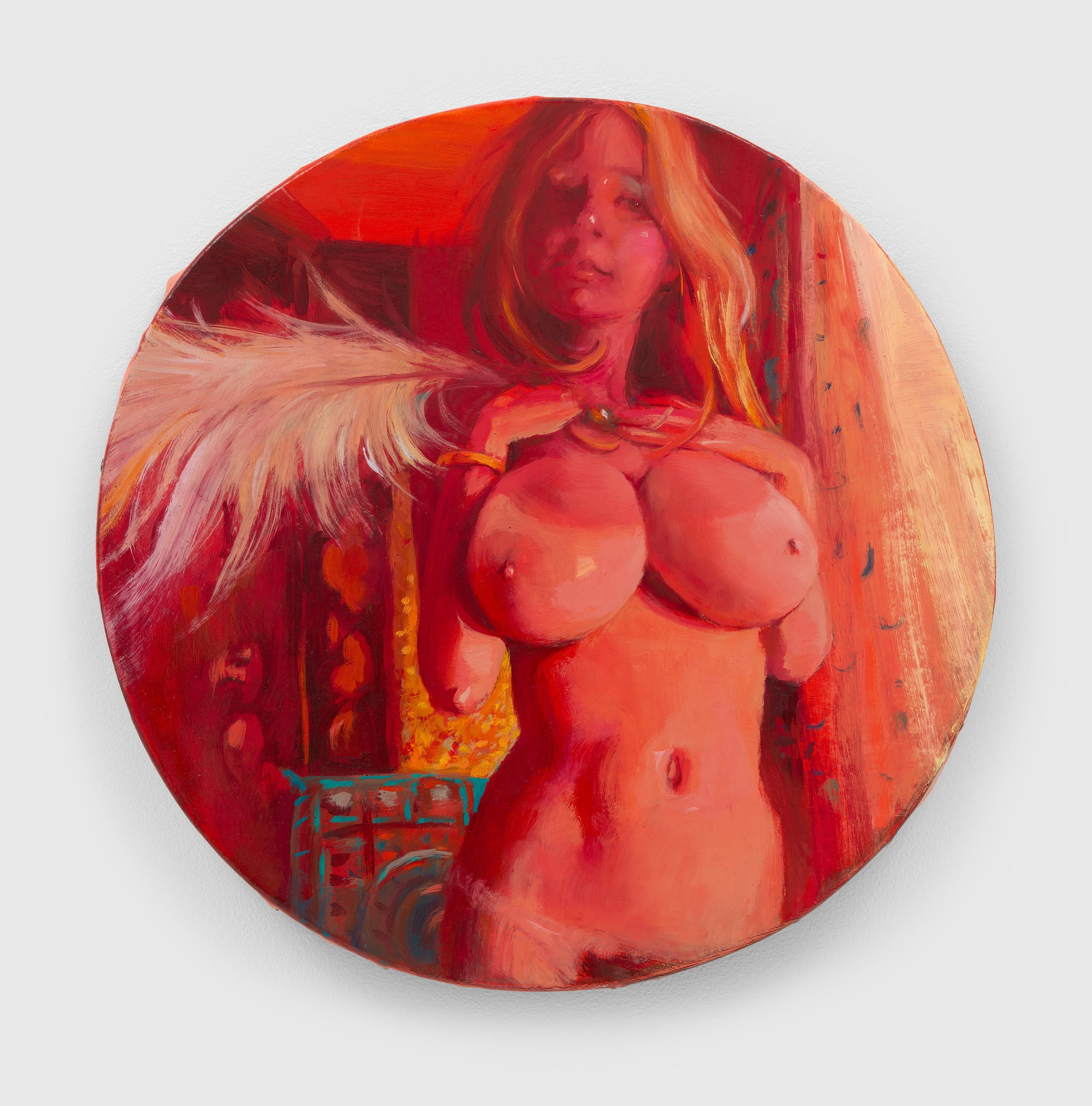 An oil on linen painting by Lisa Yuskavage, titled Tit Tondo, dated 2021.