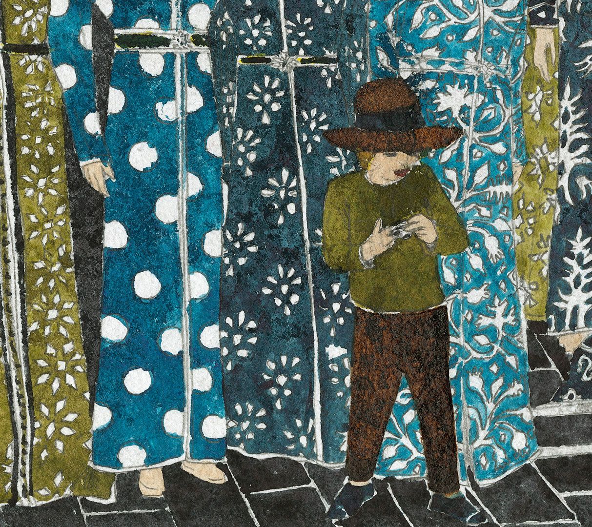 A detail of a work on paper by Marcel Dzama titled Store of women's kaftans in a market and my son with hat, dated 2018.
