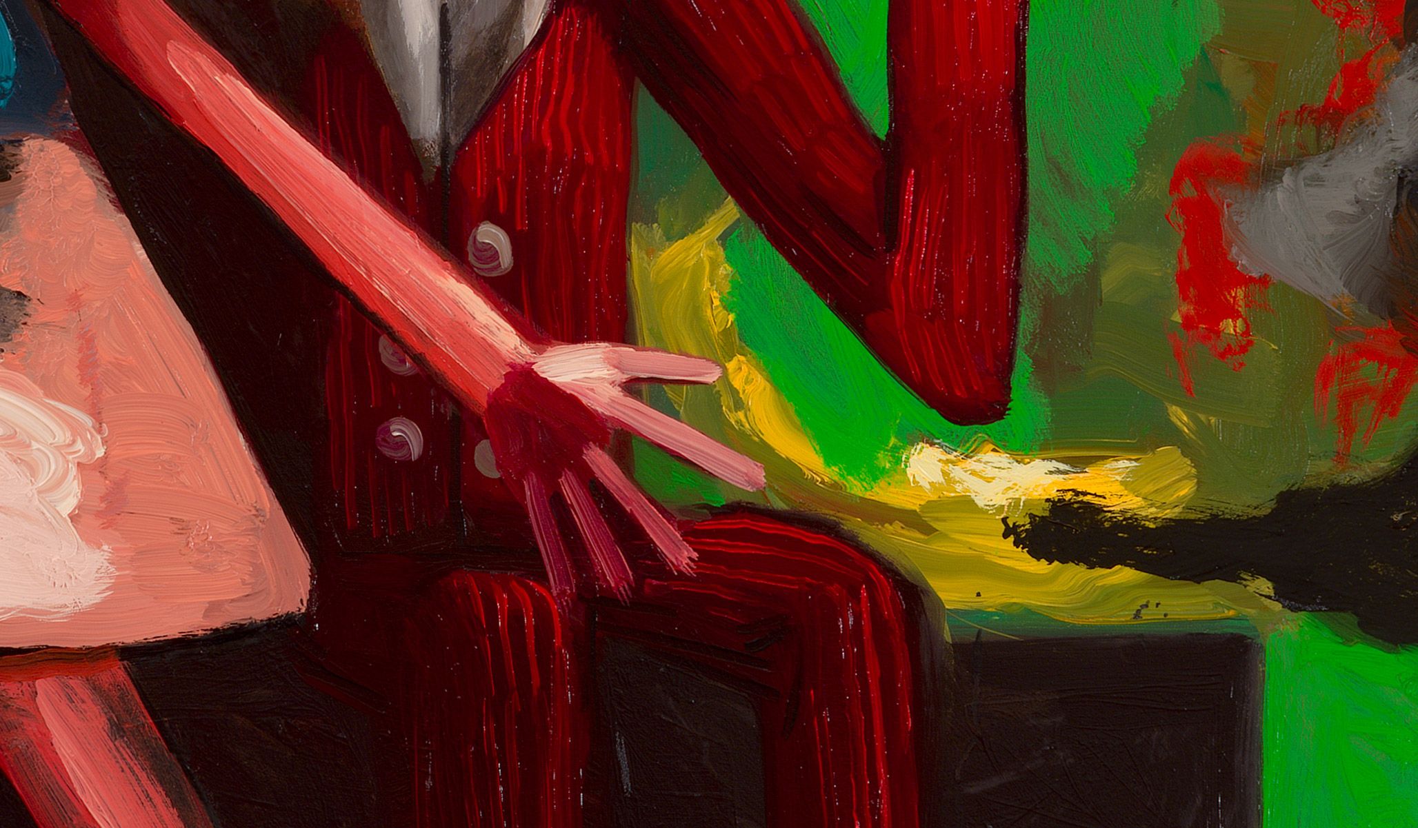 A detail from a painting by Dana Schutz, titled The Ventriloquist, dated 2021.
