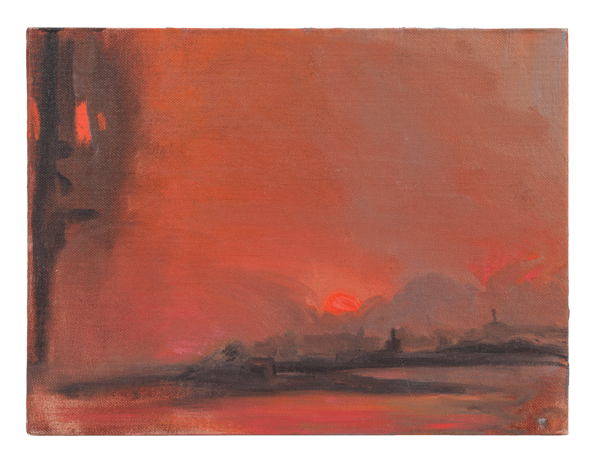 A painting by Lisa Yuskavage, titled Hudson Sunset (Coral & Grey), dated 1997.