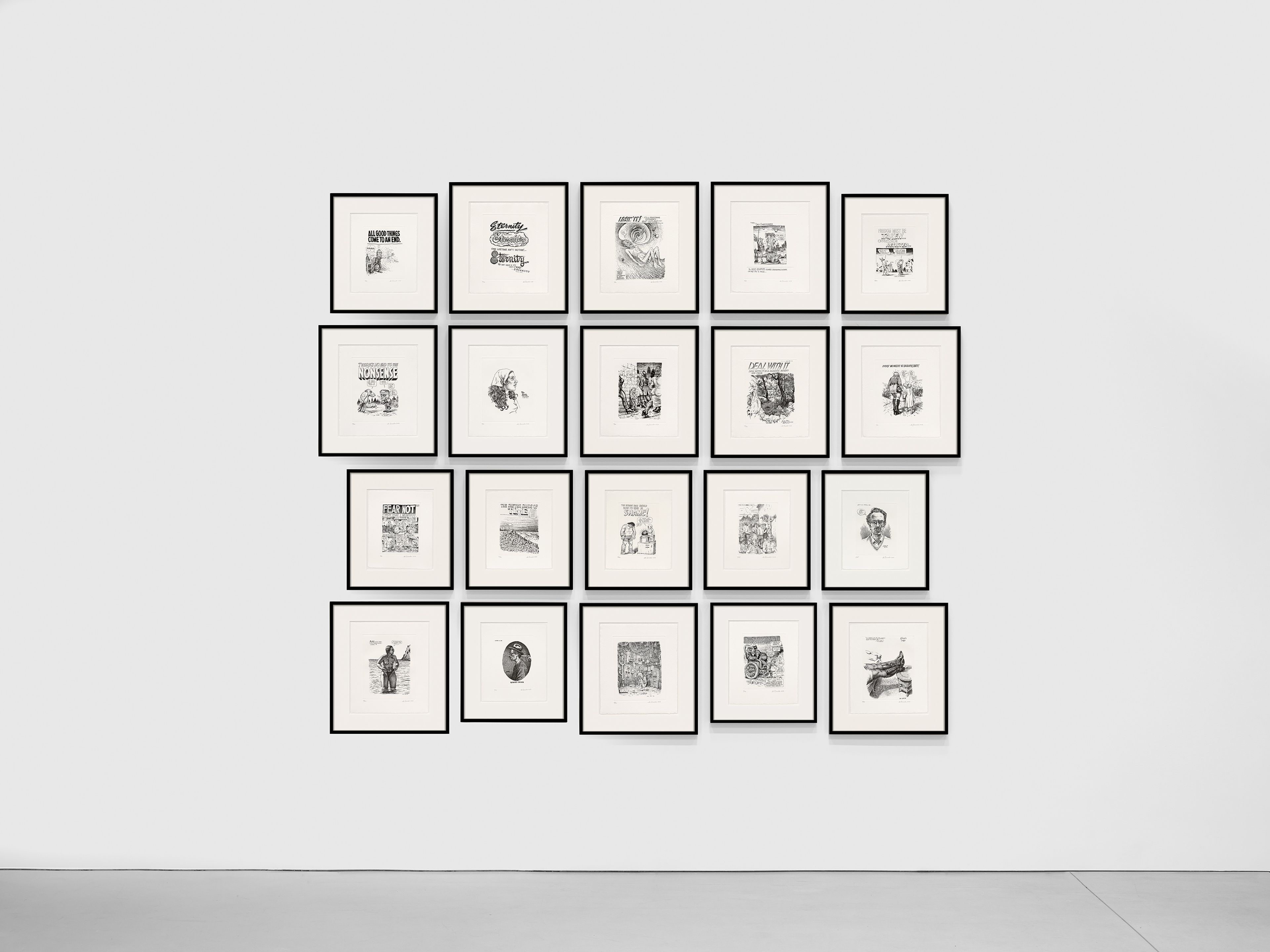 An installation view of the exhibition, R. Crumb: Tales of Paranoia, at David Zwirner in Los Angeles, dated 2025.