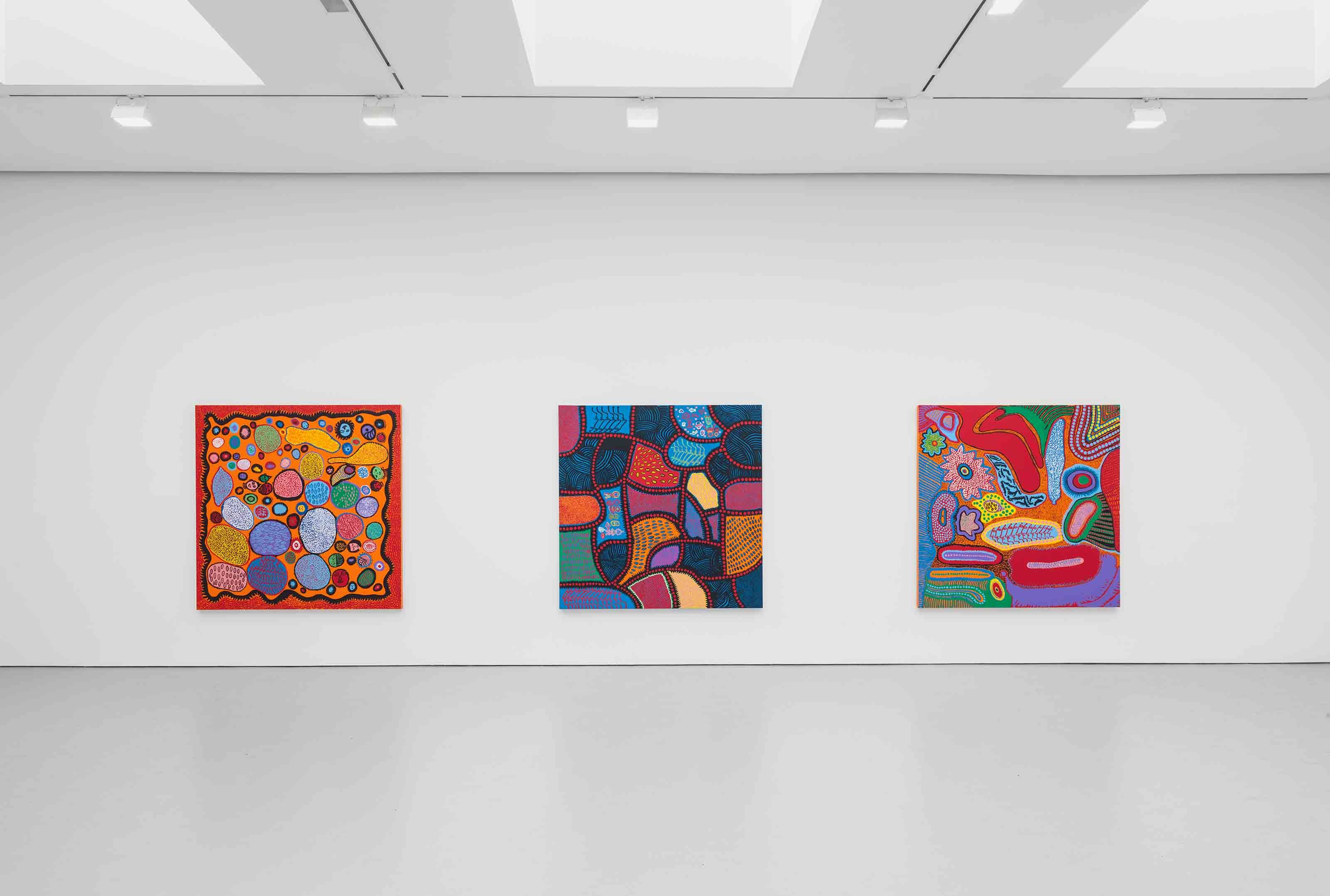 Installation view of the exhibition Yayoi Kusama: Give Me Love at David Zwirner in New York, dated 2015.