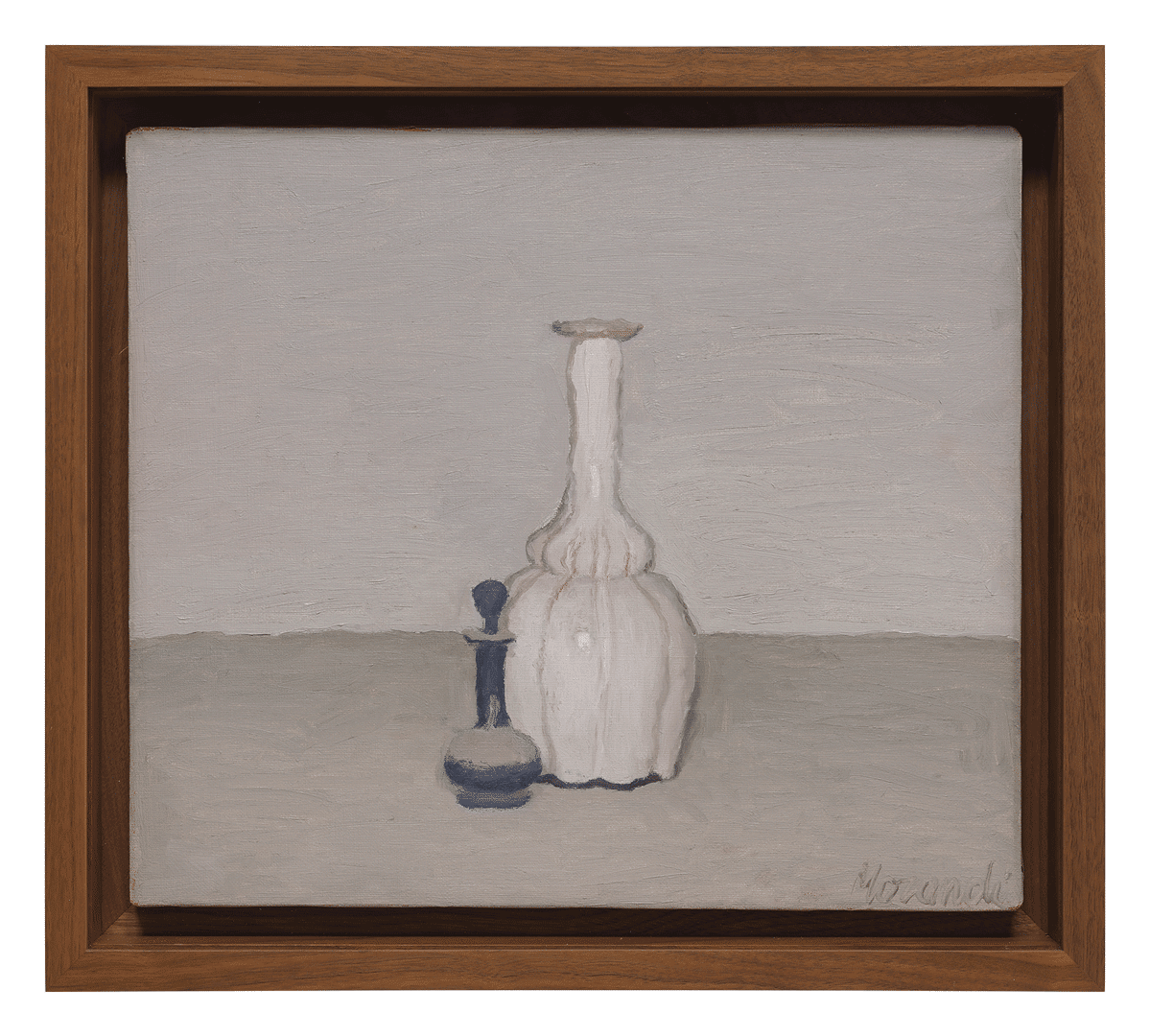 An oil painting on canvas by Giorgio Morandi, titled Natura morta con bottiglia bianca e piccola bottiglia blu (Still life with white bottle and small blue bottle), dated 1955.