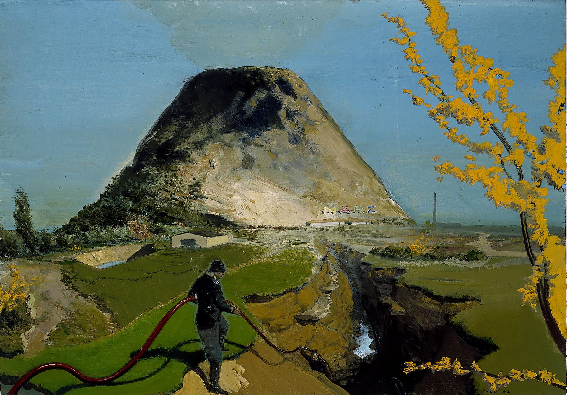 A painting by Neo Rauch, titled Vulkan, dated 2002.