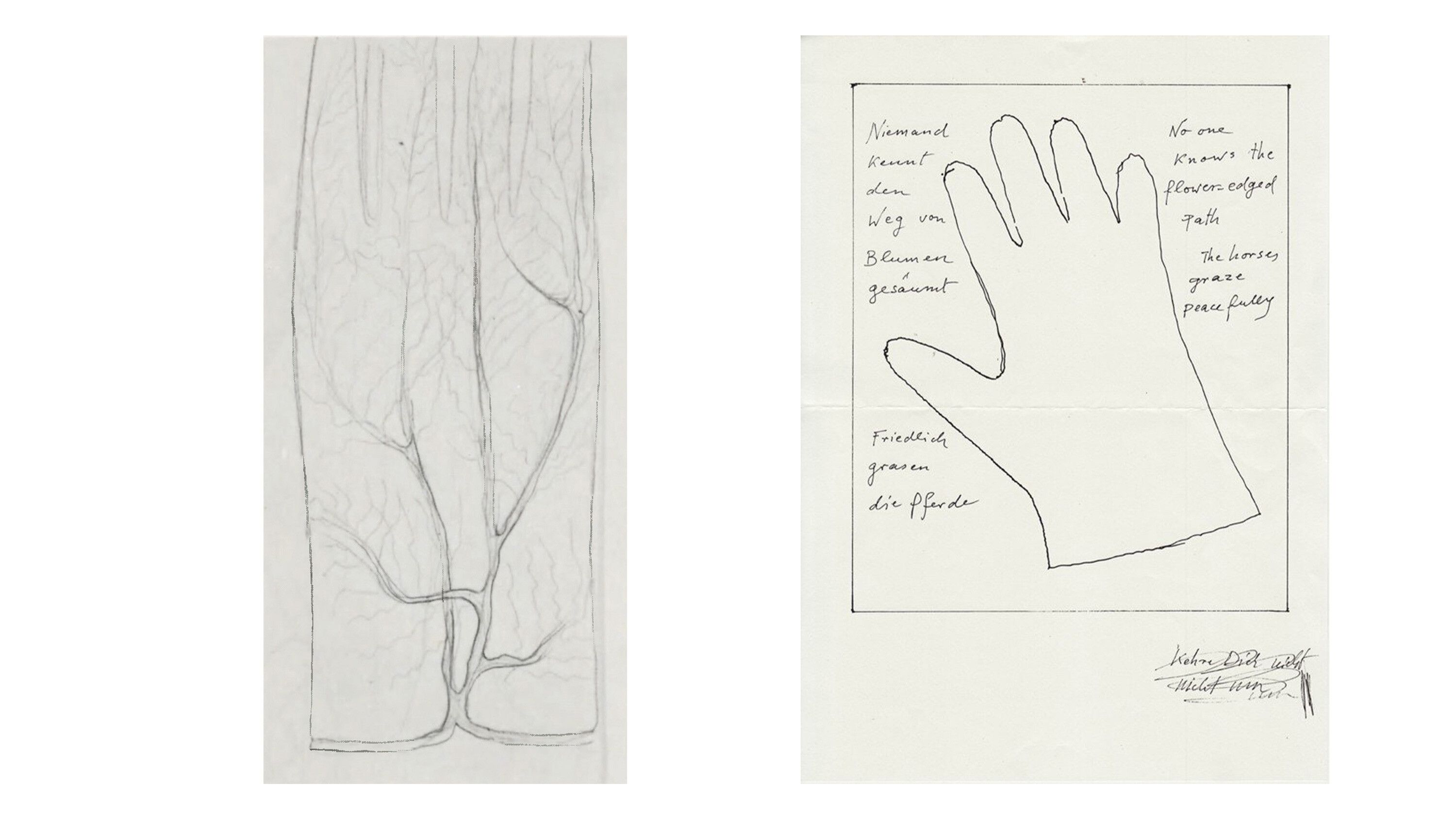 A sketch from 1984 in which Meret Oppenheim outlines her glove project with written words for Parkett 4.