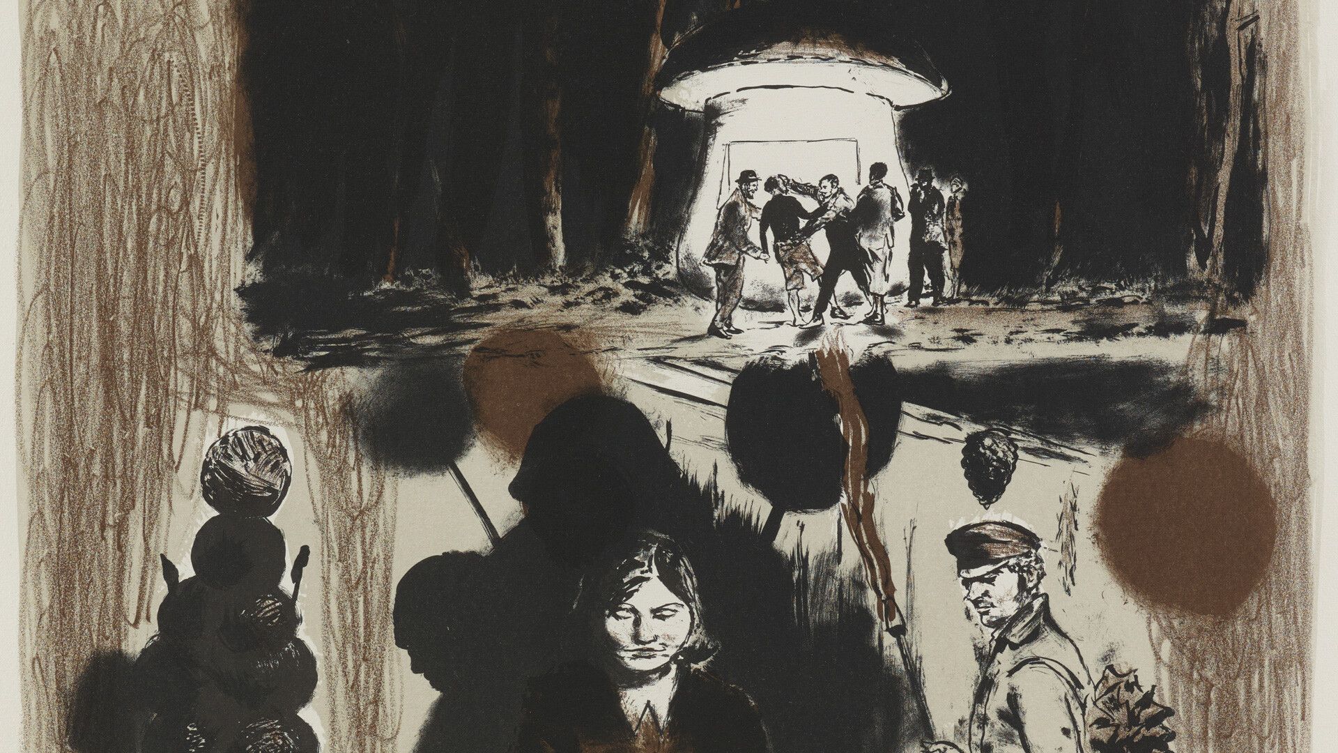 A detail from a print by Neo Rauch, titled Strickerin, dated 2018