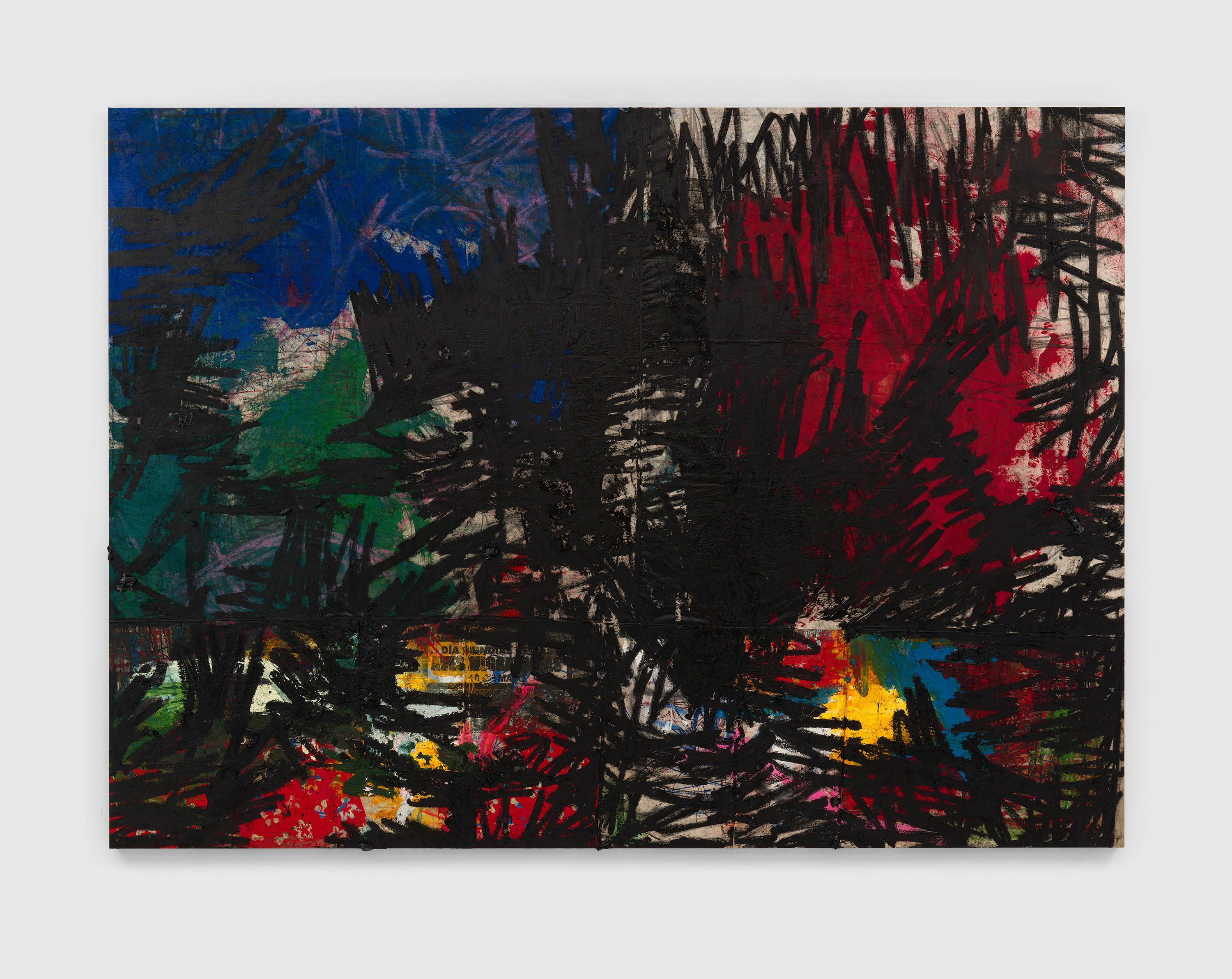 An oil, oil stick, graphite and spray paint on canvas and linen artwork by Oscar Murillo, titled manifestation, 2020 to 2022.