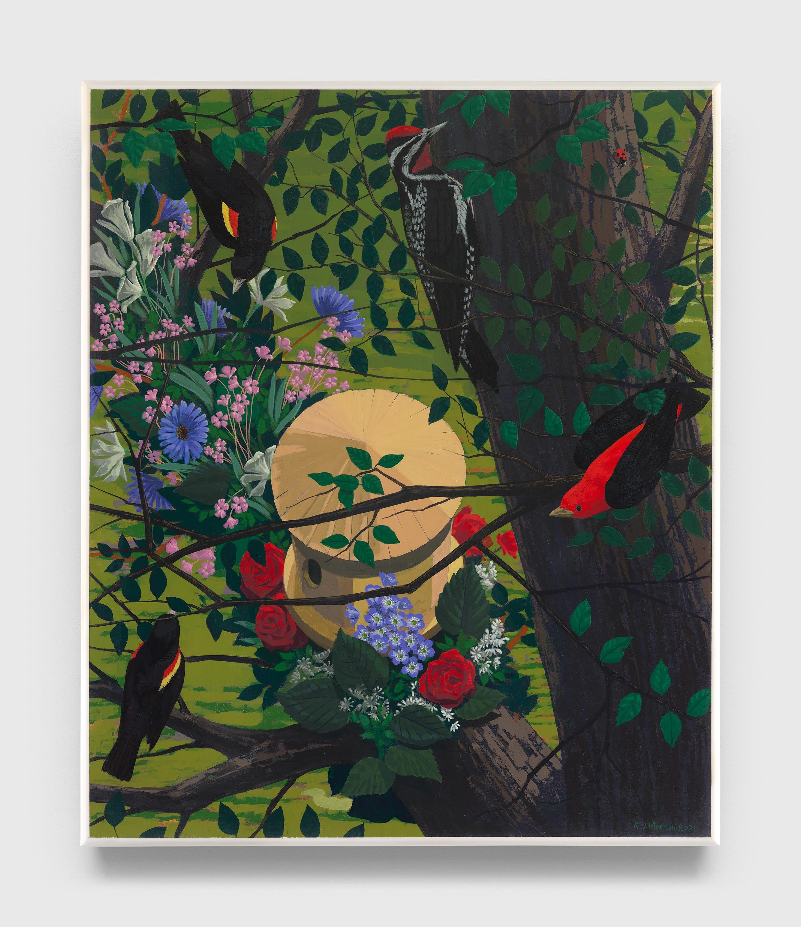 A painting by Kerry James Marshall, titled Black and part Black Birds in America (Red wing Blackbirds, Yellow Bellied Sapsucker, Scarlet Tanager) , dated 2021.