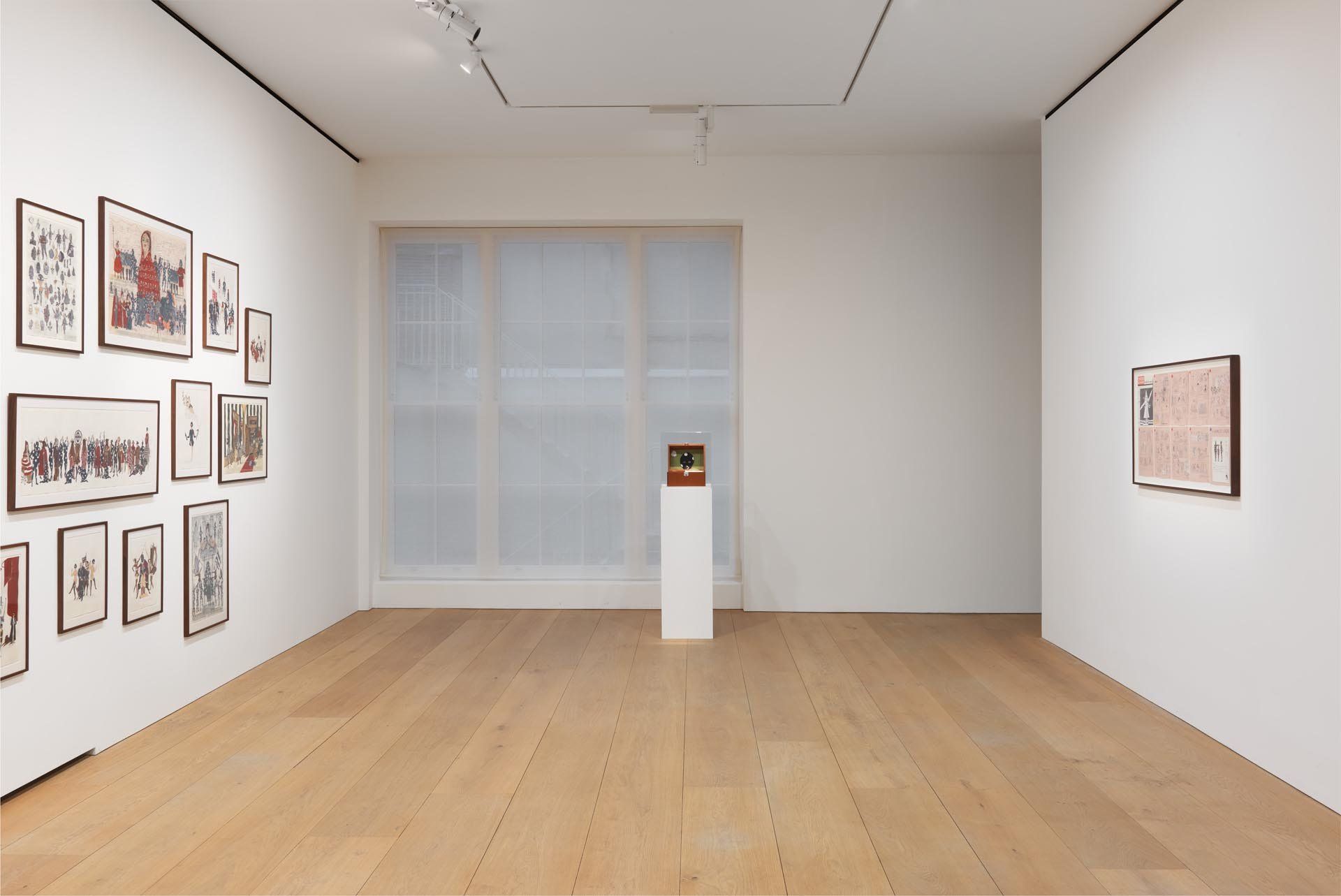 Installation view of the exhibition Marcel Dzama: Puppets, Pawns, and Prophets, at David Zwirner in London, dated 2013.