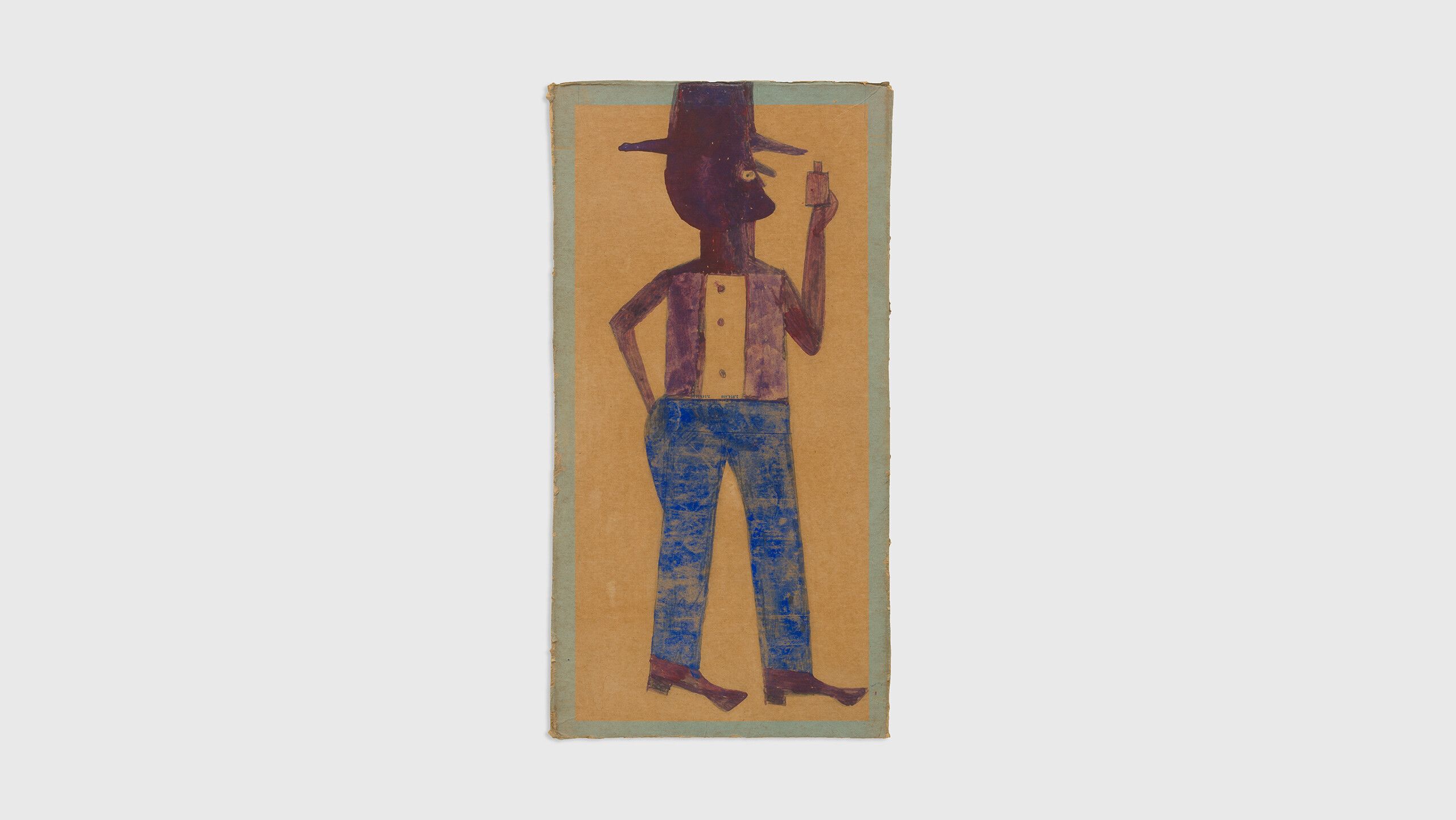An artwork by Bill Traylor, titled Man Wearing Maroon and Blue with Bottle, dated 1939-1942, All Bill Traylor artwork is used with permission from Bill Traylor Family, Inc.
