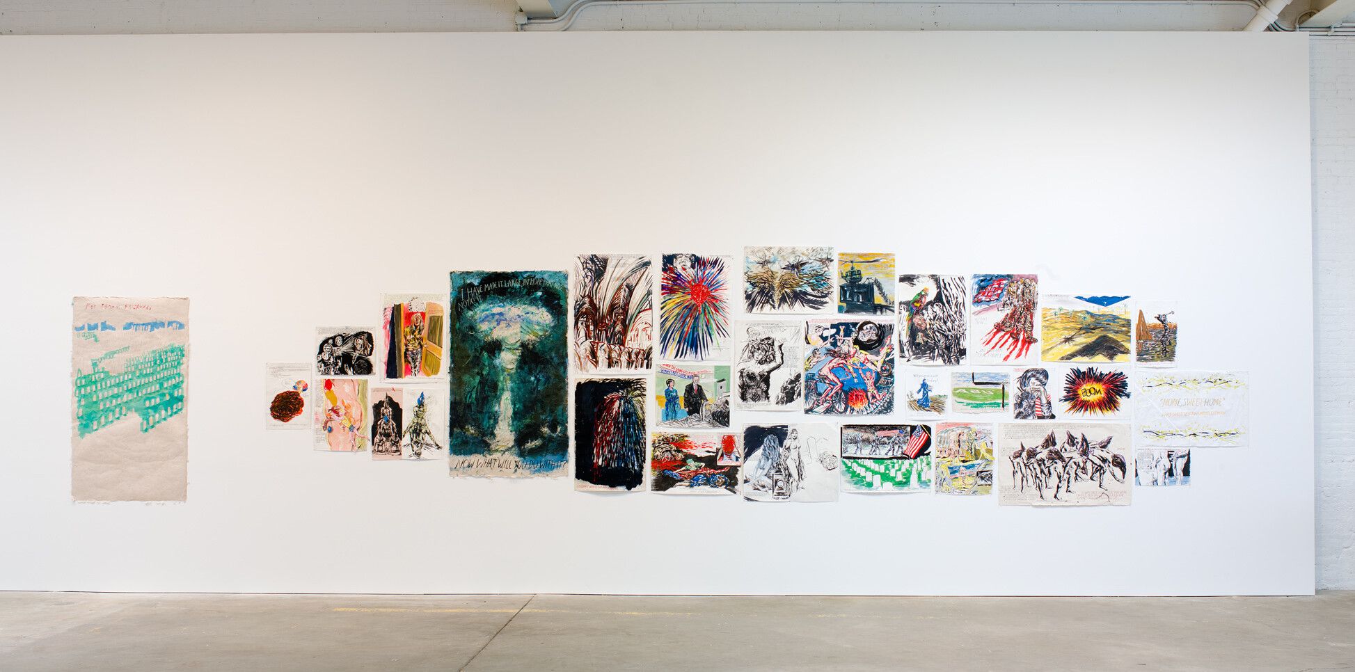An installation view of an exhibition titled  Raymond Pettibon: Here's Your Irony Back (The Big Picture)e, at David Zwirner, New York, in 2007.
