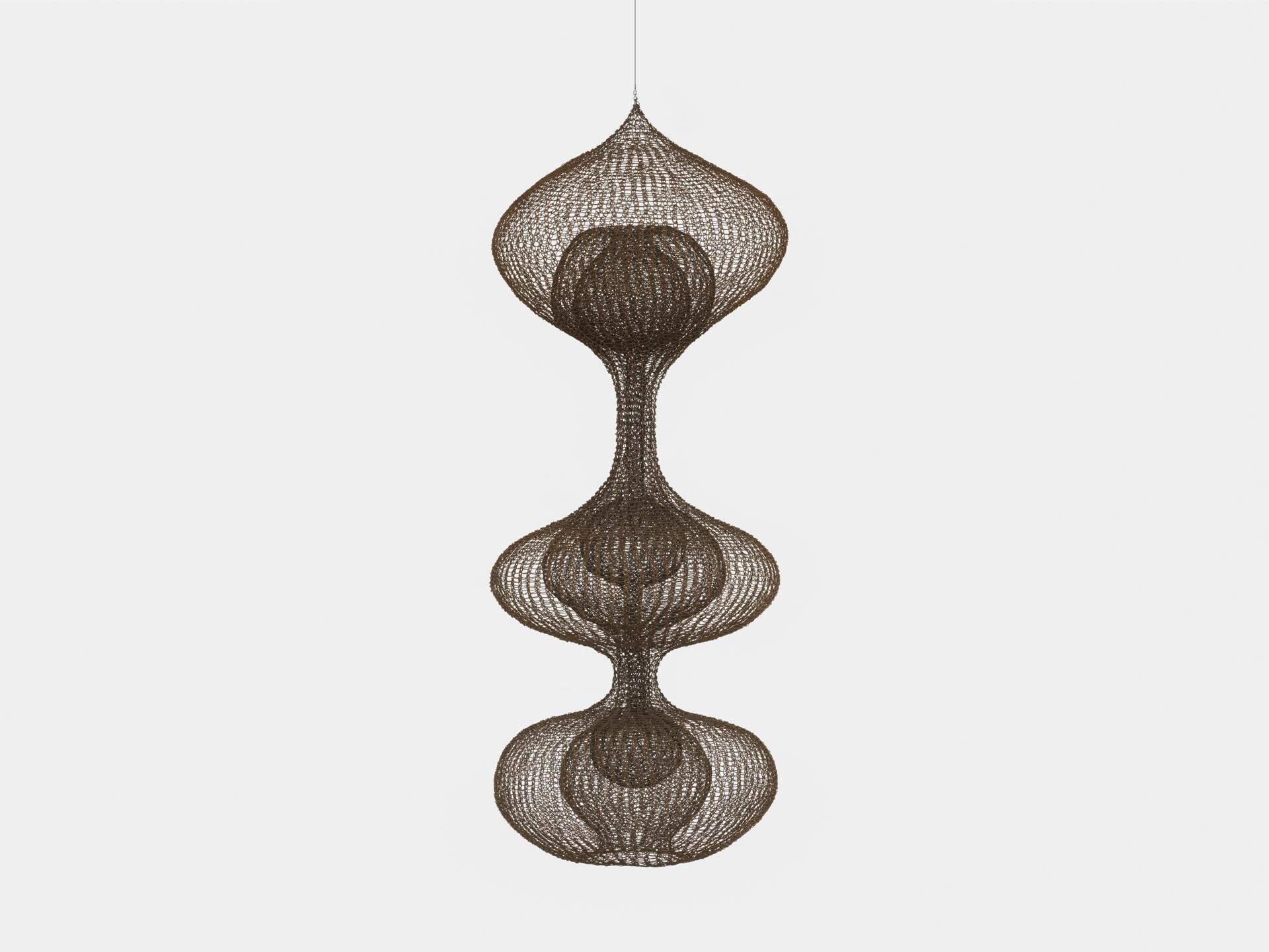 A sculpture by Ruth Asawa, titled Untitled (S.453, Hanging, Three Lobed, Three-Layered Continuous Form within a Form), dated circa 1957 to 1959.