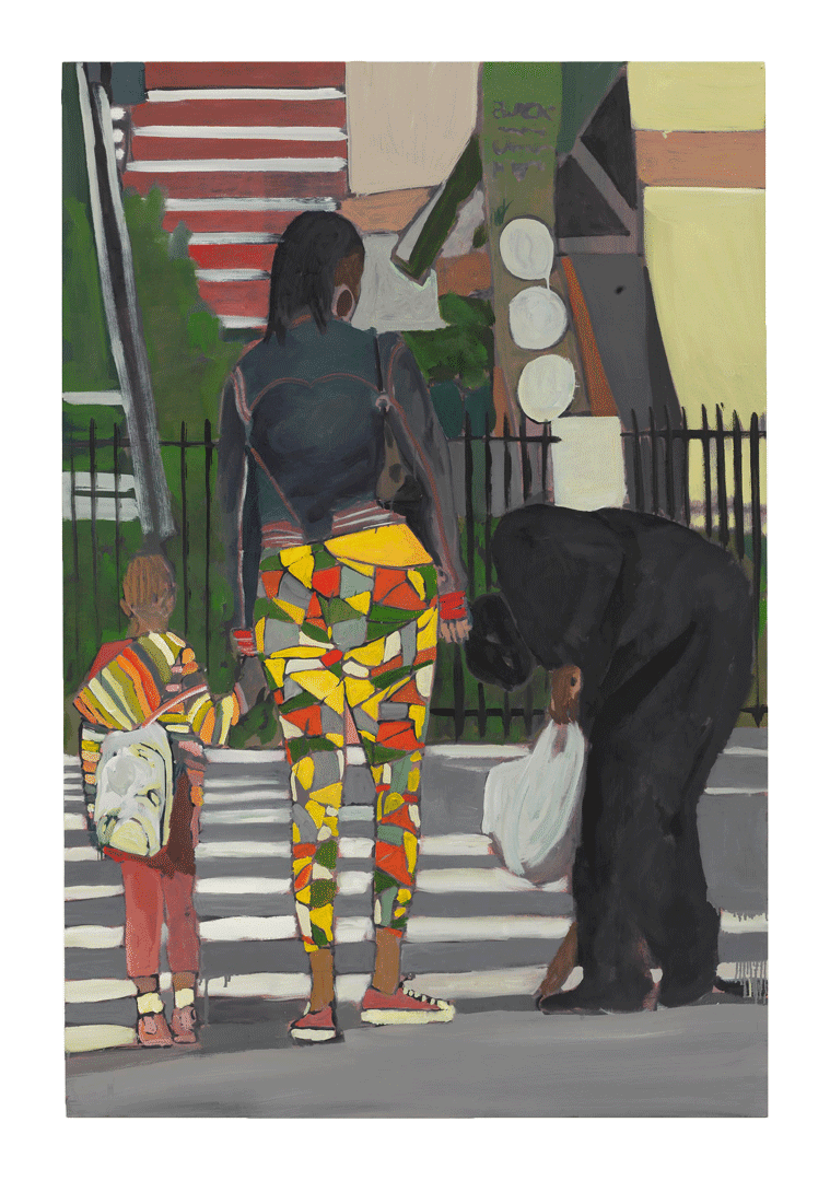 An oil painting on canvas by Noah Davis, titled Pueblo del Rio: Stain Glass Pants, dated 2014.