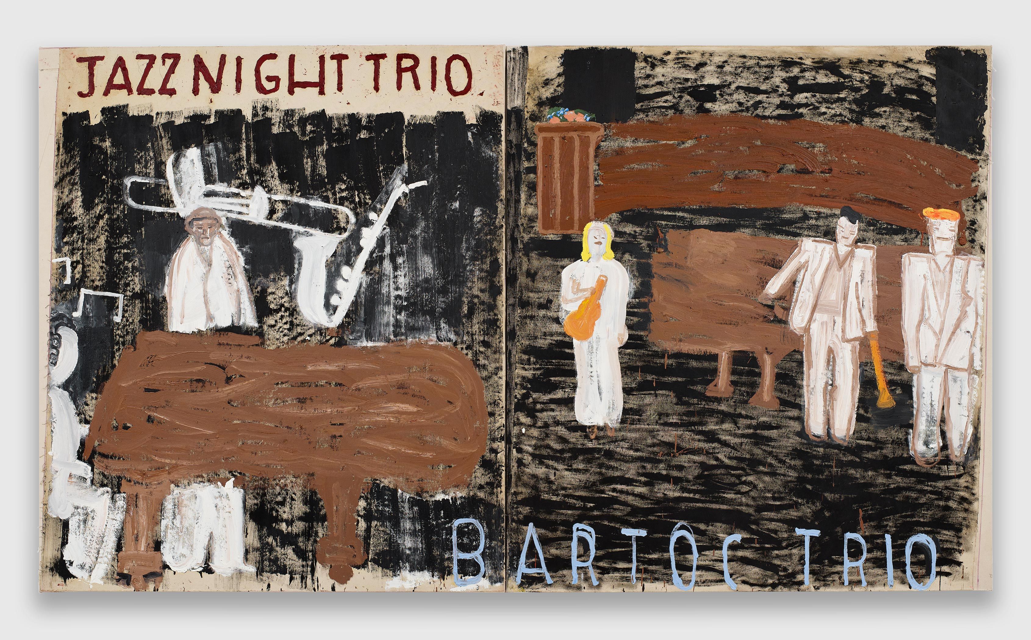 An oil on canvas painting in (2) two parts by Rose Wylie, titled Jazz Night Trio, Bartok, dated 2021.