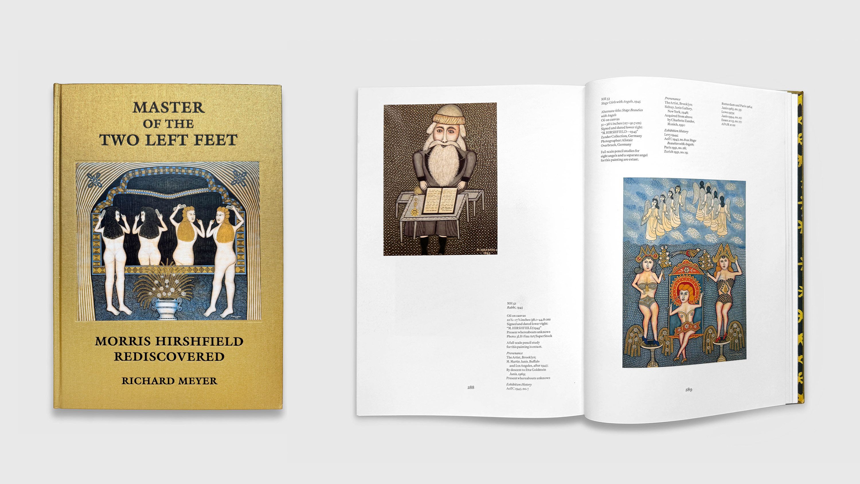 A Cover and spread from Richard Meyer, Master of the Two Left Feet: Morris Hirshfield Rediscovered, dated 2022
