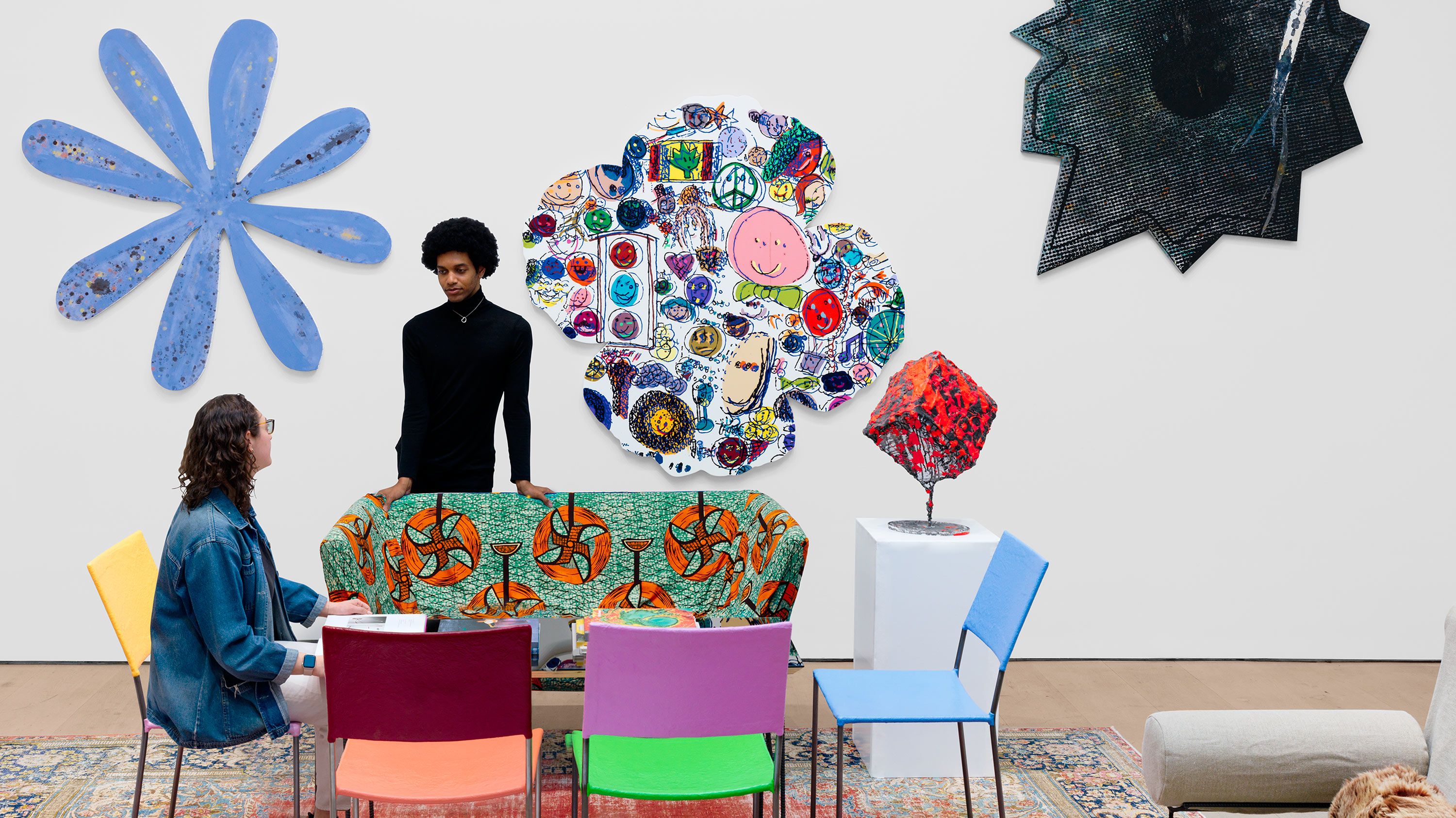 Install image of works by Nate Lowman and Franz West for Frieze New York 2024.