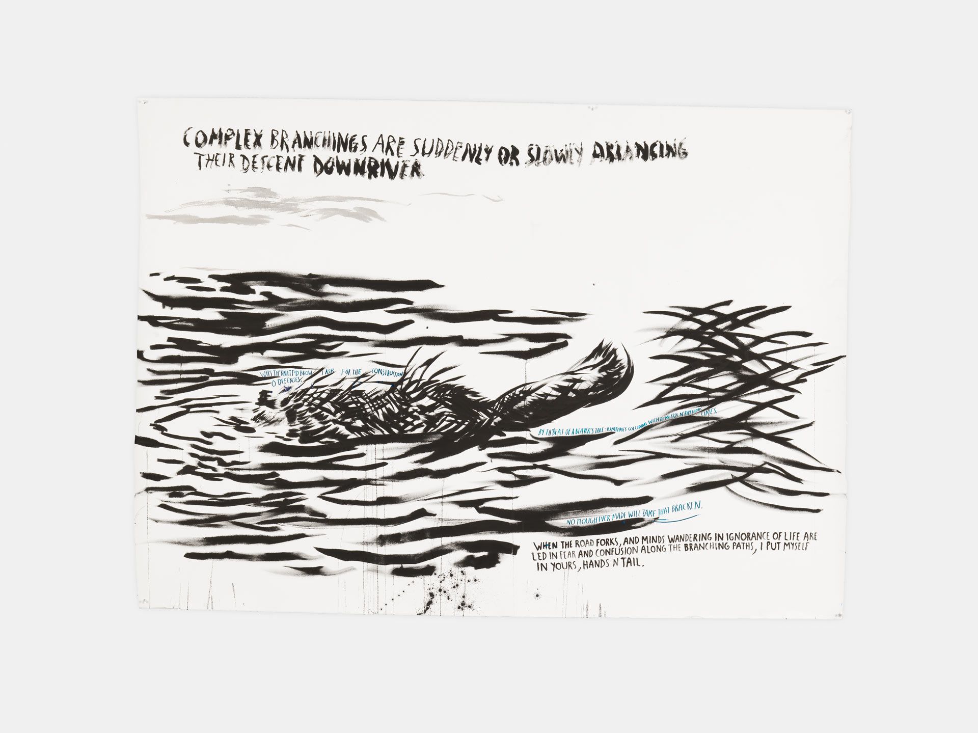 A drawing by Raymond Pettibon, titled No Title (Complex branchings are...), dated 2017.