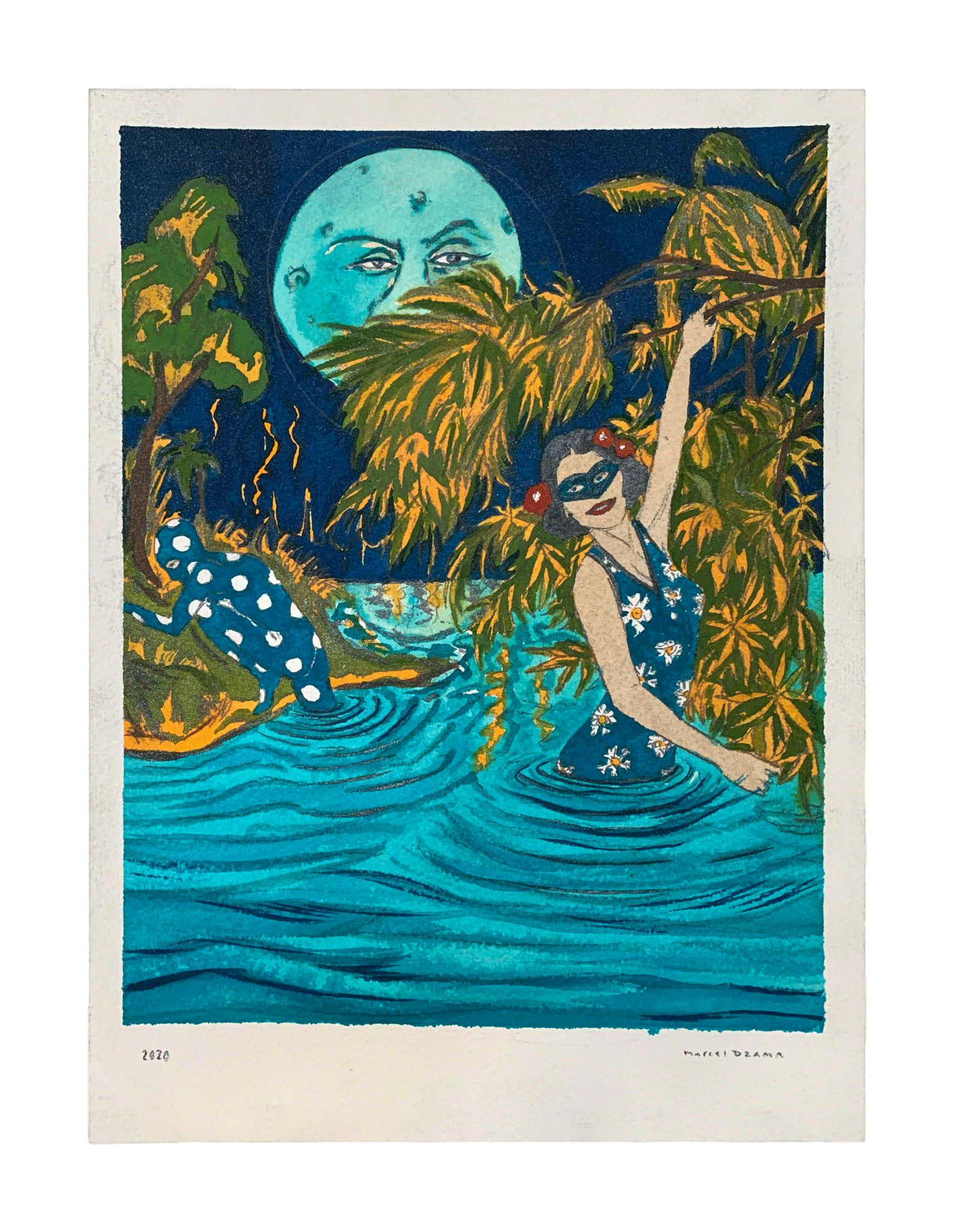 A work on paper by Marcel Dzama titled The high tide on a full moon, dated 2020.