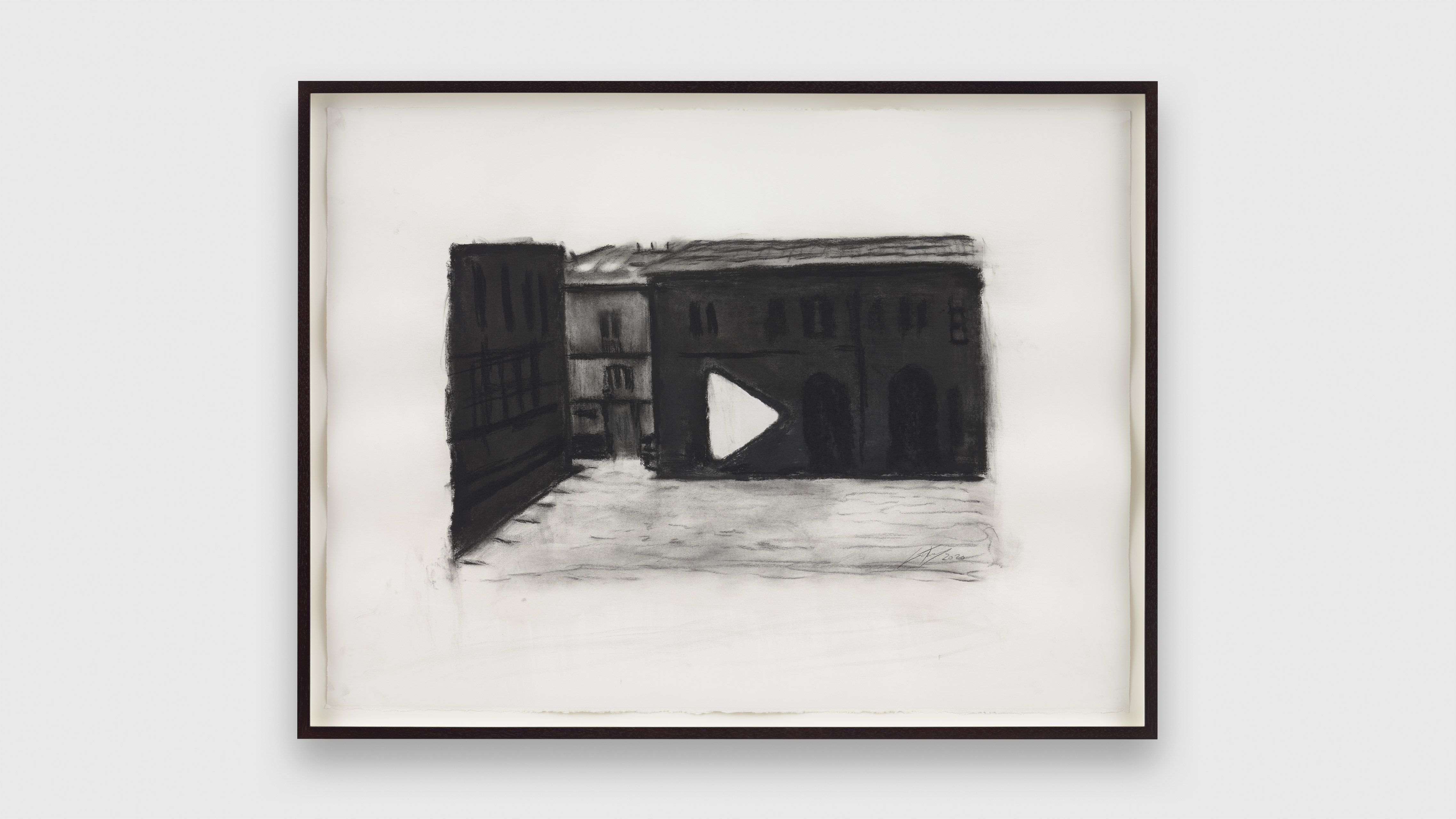 A charcoal drawing on paper by Luc Tuymans, titled Italy, dated 2020.