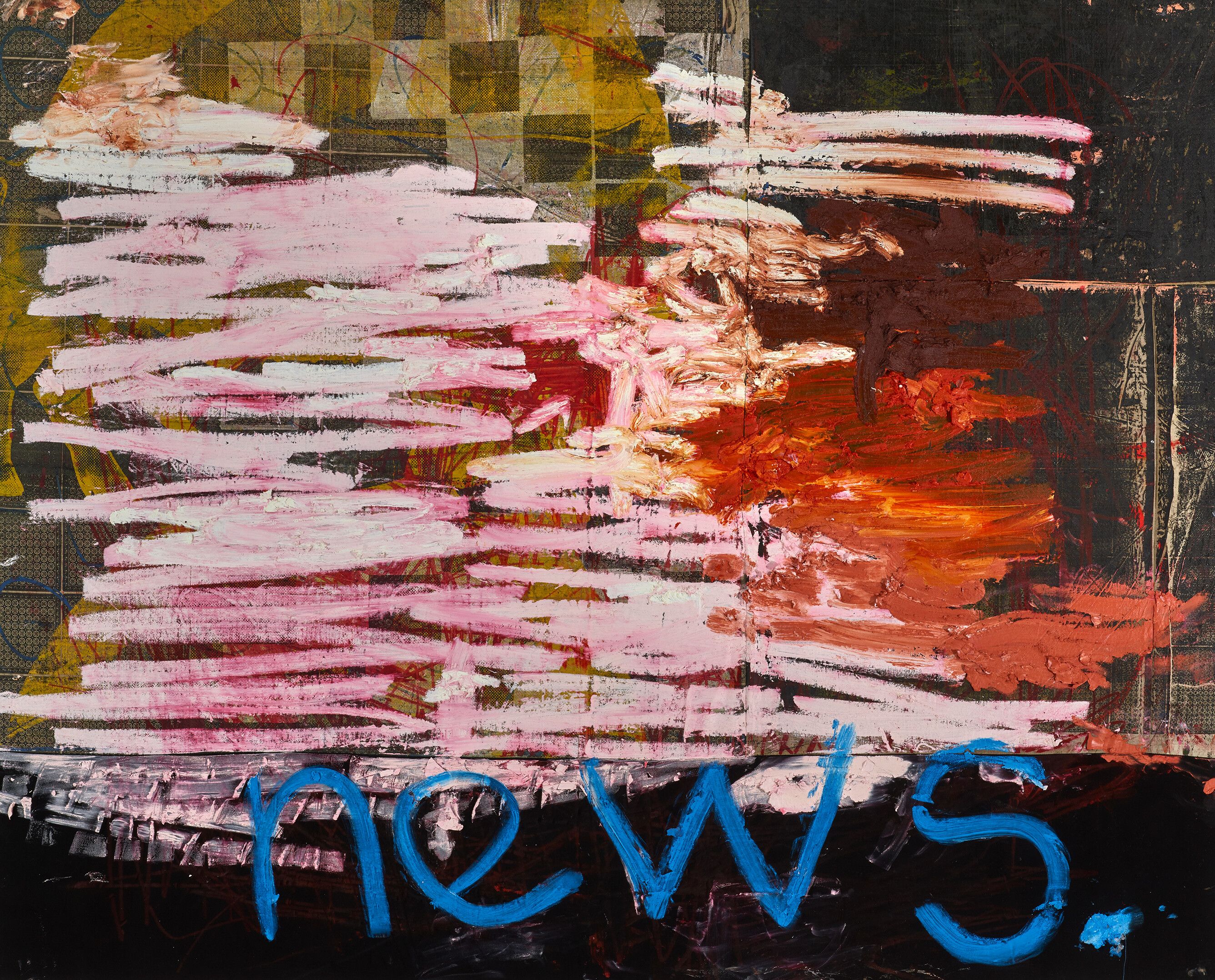 A detail from a painting by Oscar Murillo, titled untitled (news), dated 2017 to 2018.