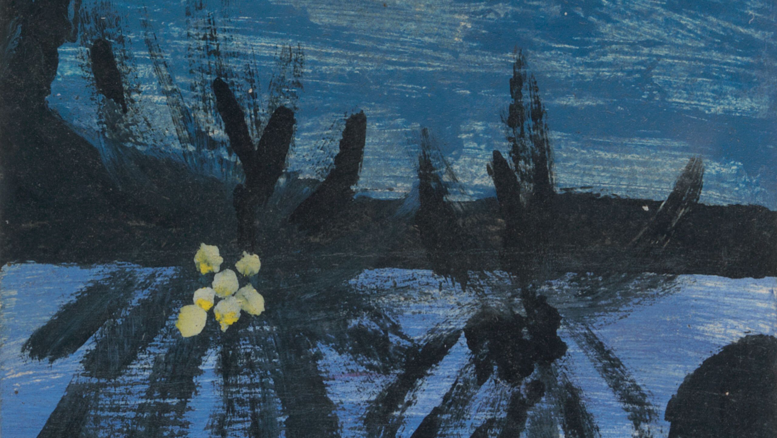 A detail of a painting by Frank Walter, titled Untitled (Two Coconut Palms Night Sky).