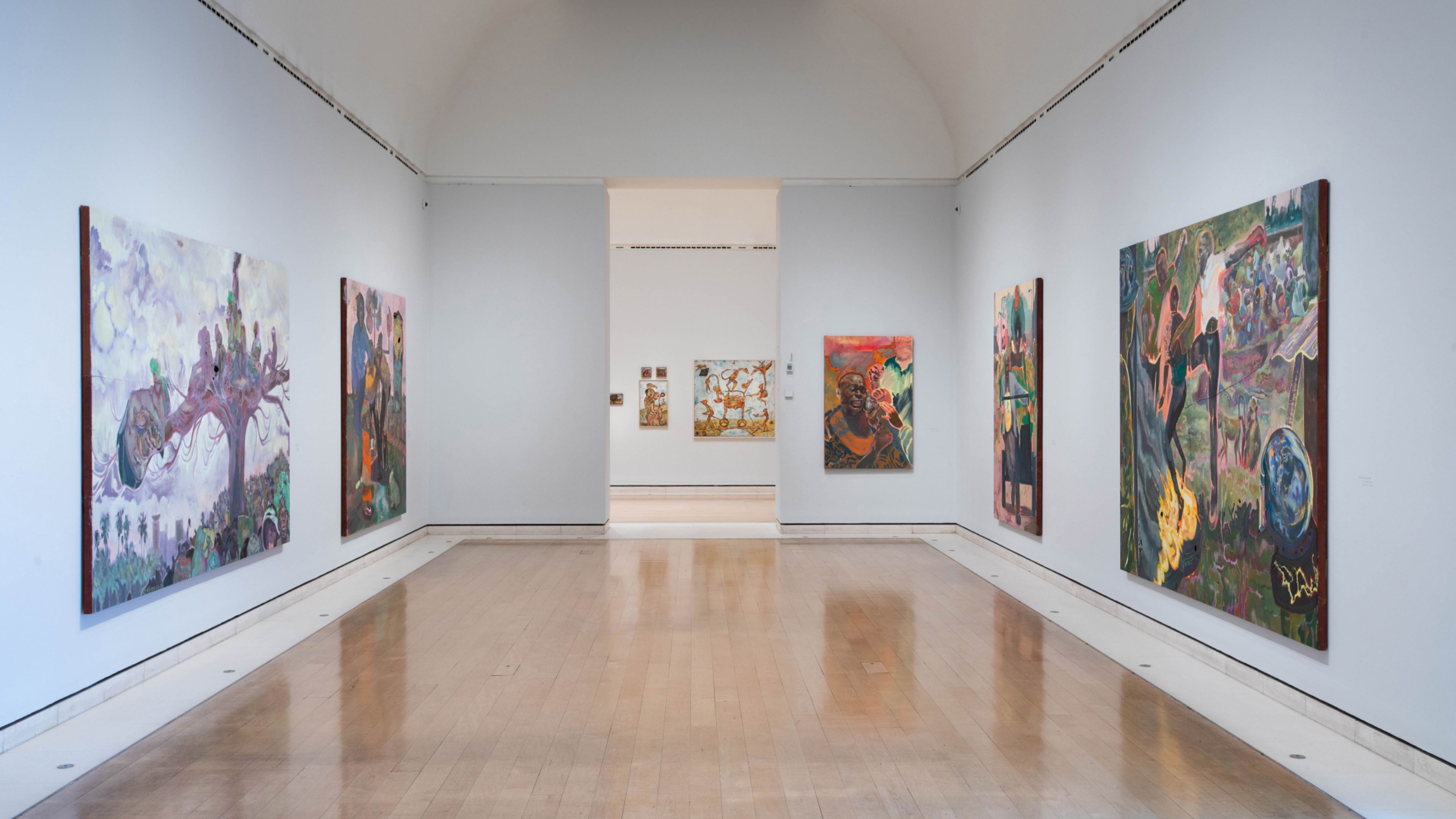 Installation view of the exhibition, Michael Armitage: Paradise Edict, at the Royal Academy of Arts in London, dated 2021.