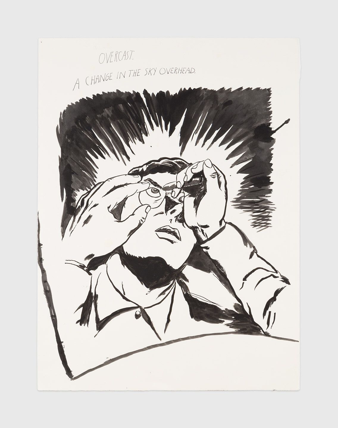 An ink drawing by Raymond Pettibon titled  No Title (Overcast. A change...), dated 1995