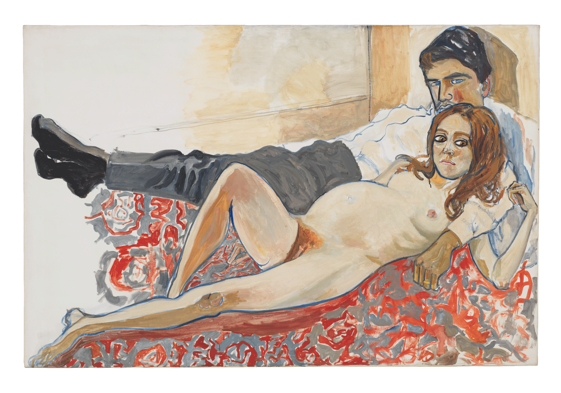 A painting by Alice Neel, titled Pregnant Julie and Algis, dated 1967.