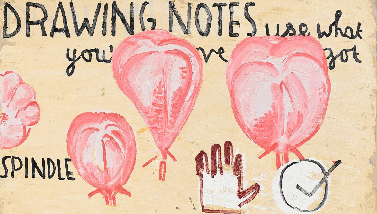 A detail of an artwork by Rose Wylie, titled Spindle and Cover Girl, dated 2022