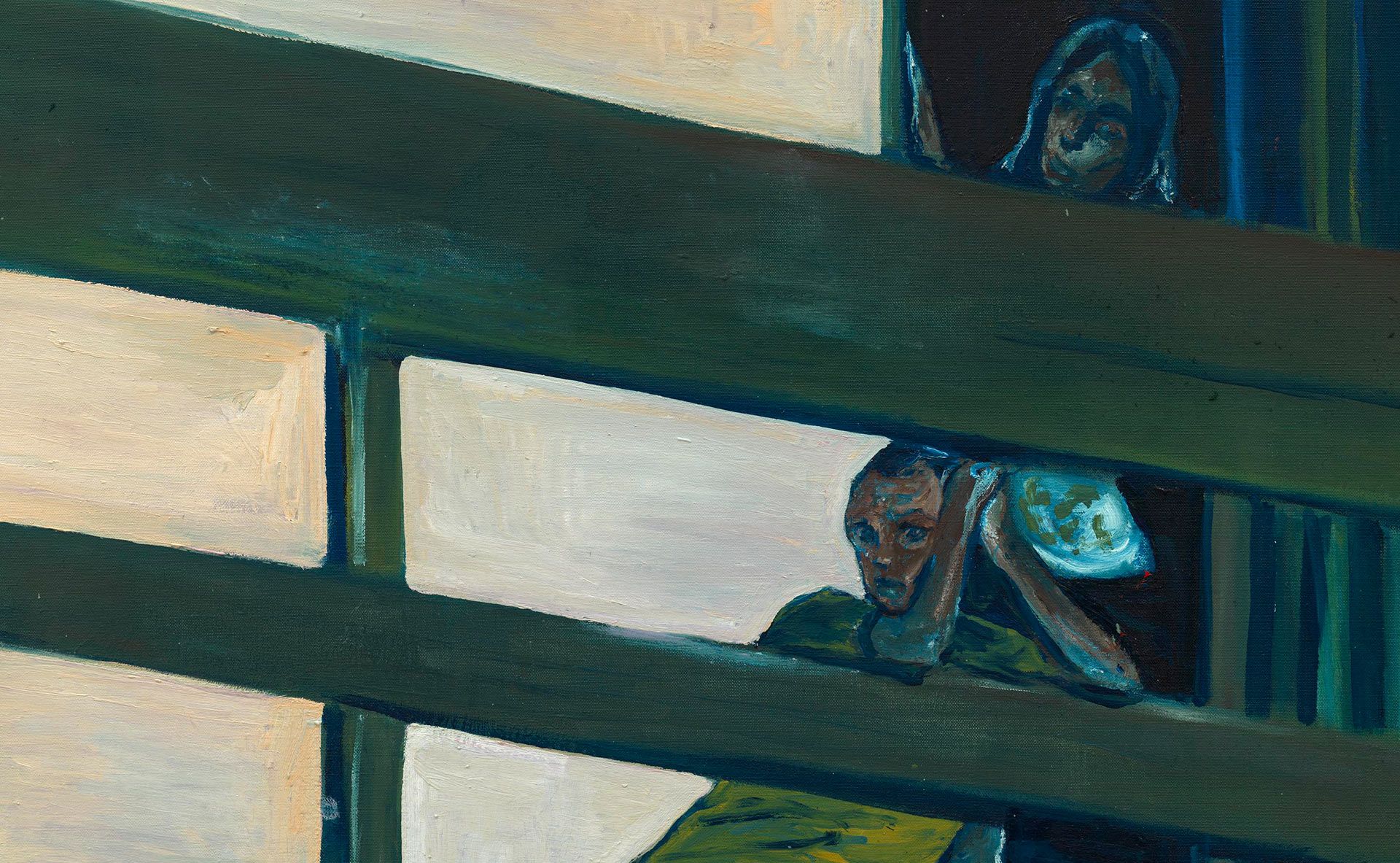 A detail from a painting by Noah Davis, titled Another balcony, dated 2009.