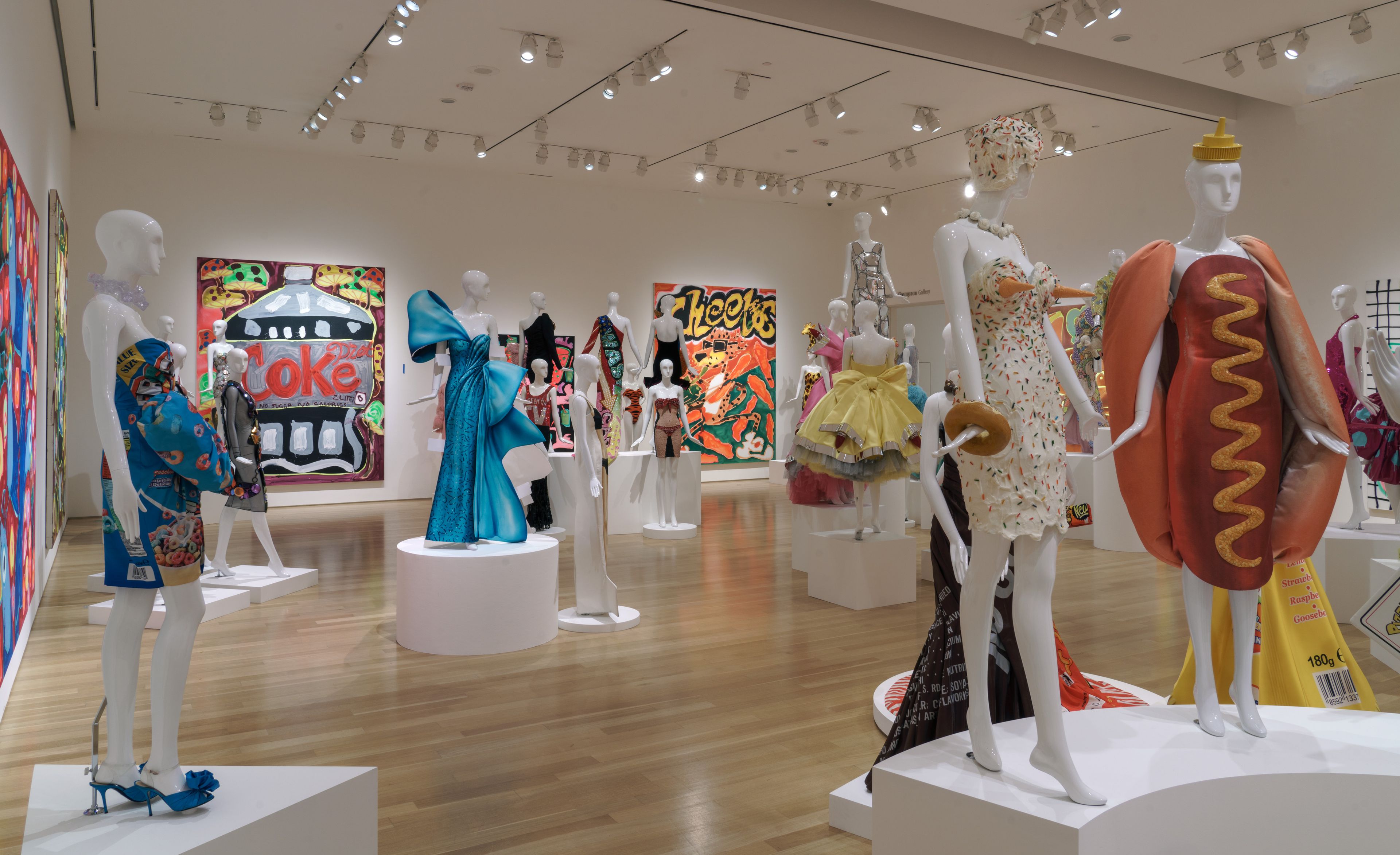 Installation view of the exhibition Katherine Bernhardt and Jeremy Scott: A Match Made in Heaven at the Nerman Museum of Contemporary Art in Overland Park, Kansas, dated 2024.