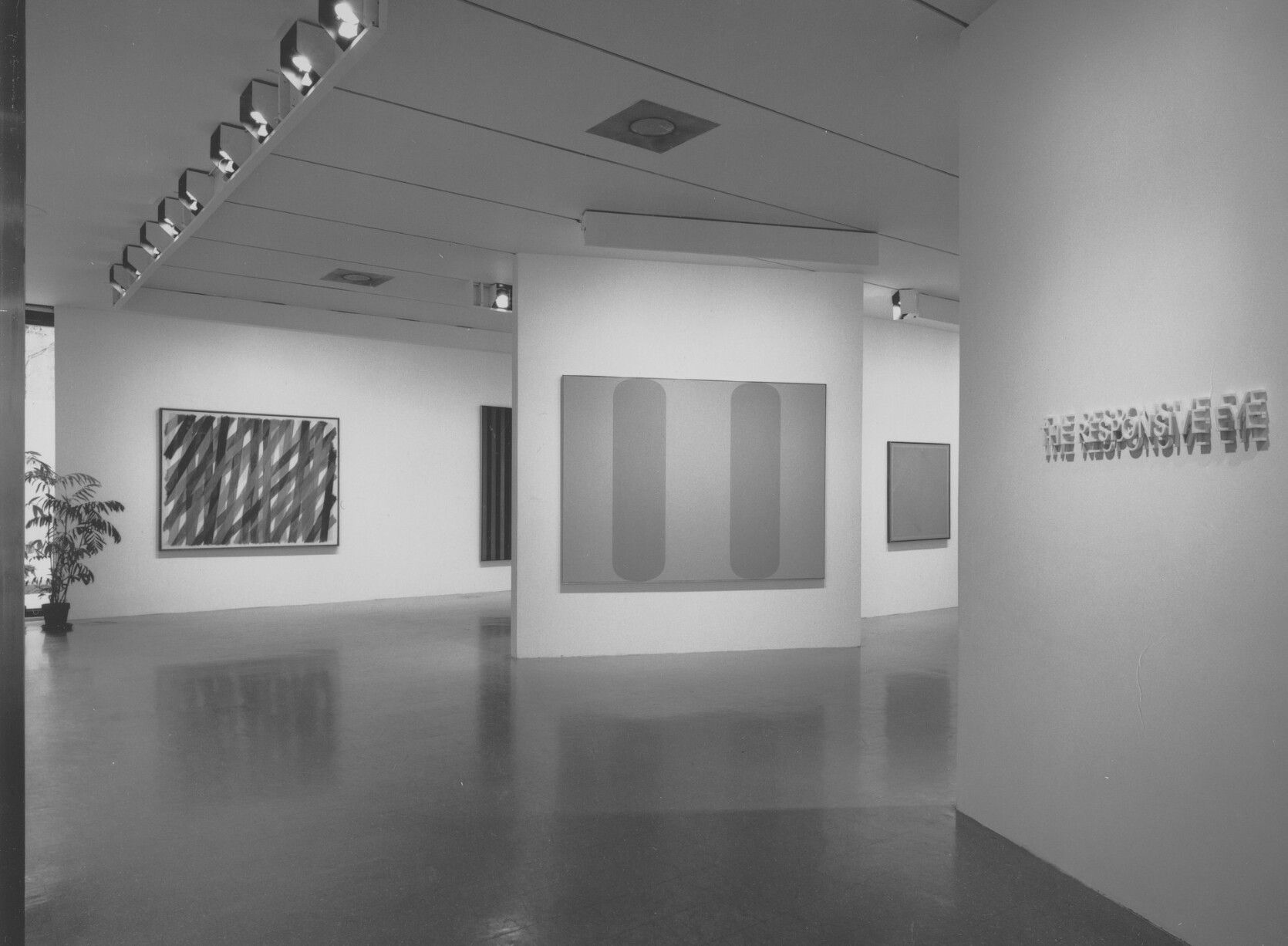 Installation view of "The Responsive Eye," at Museum of Modern Art in New York, dated 1965. Dorazio’s painting titled "Construction Eurasia," dated 1964, is visible at far left.