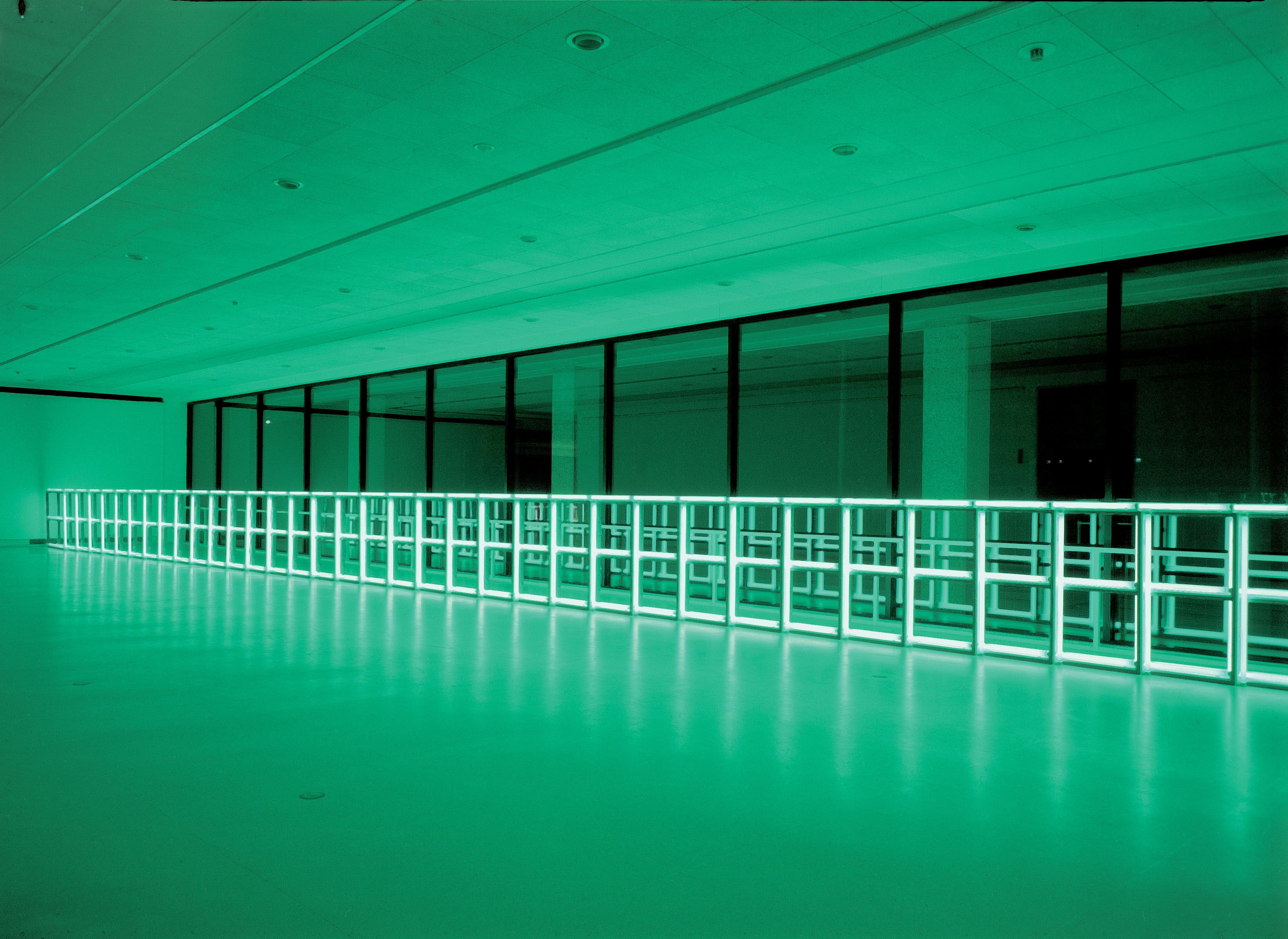 An Installation view of a show titled Dan Flavin, at the Museum Boymans van Beuningen, Rotterdam, Netherlands, in 1975.