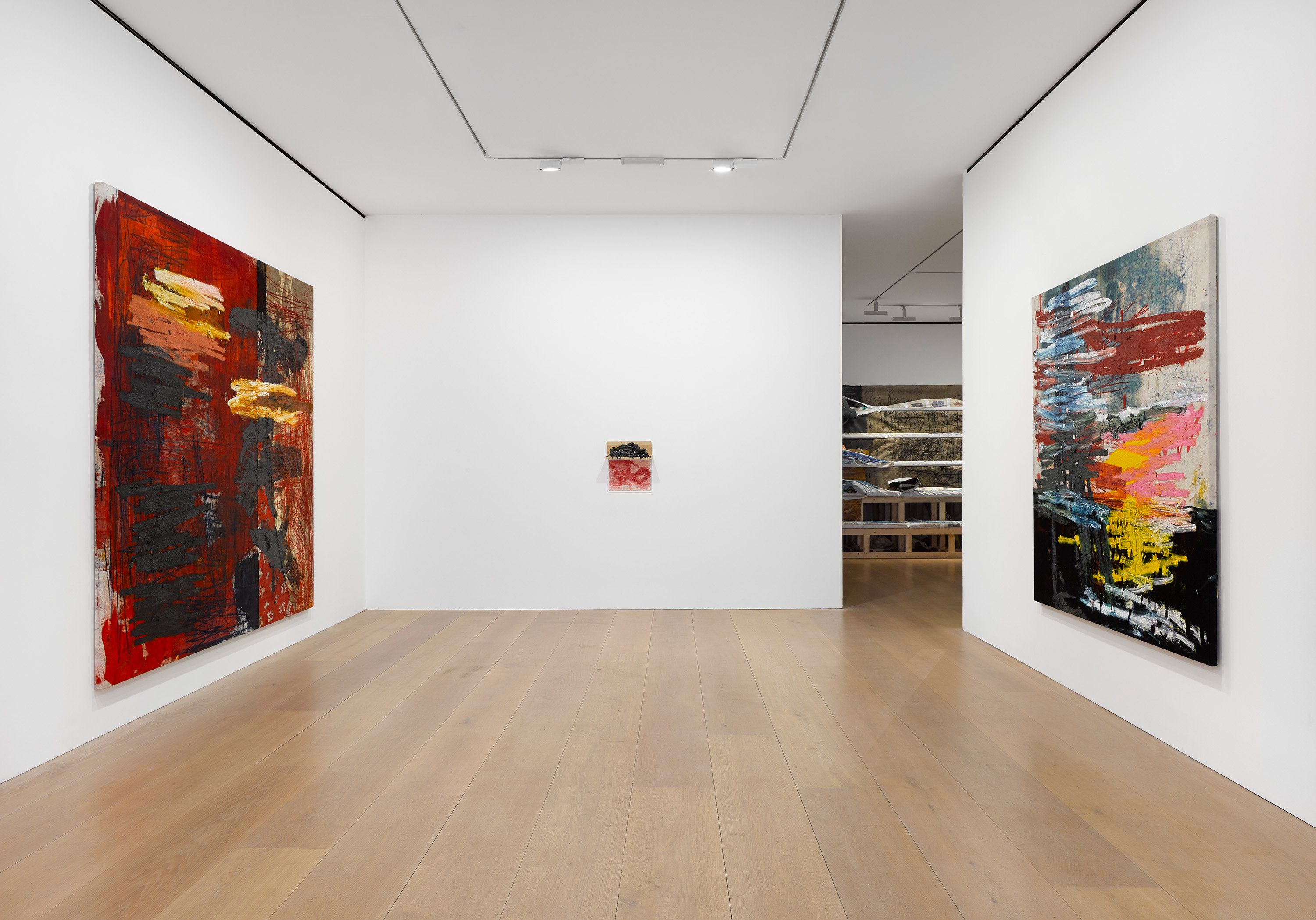 An installation view featuring works by Oscar Murillo, dated 2019
