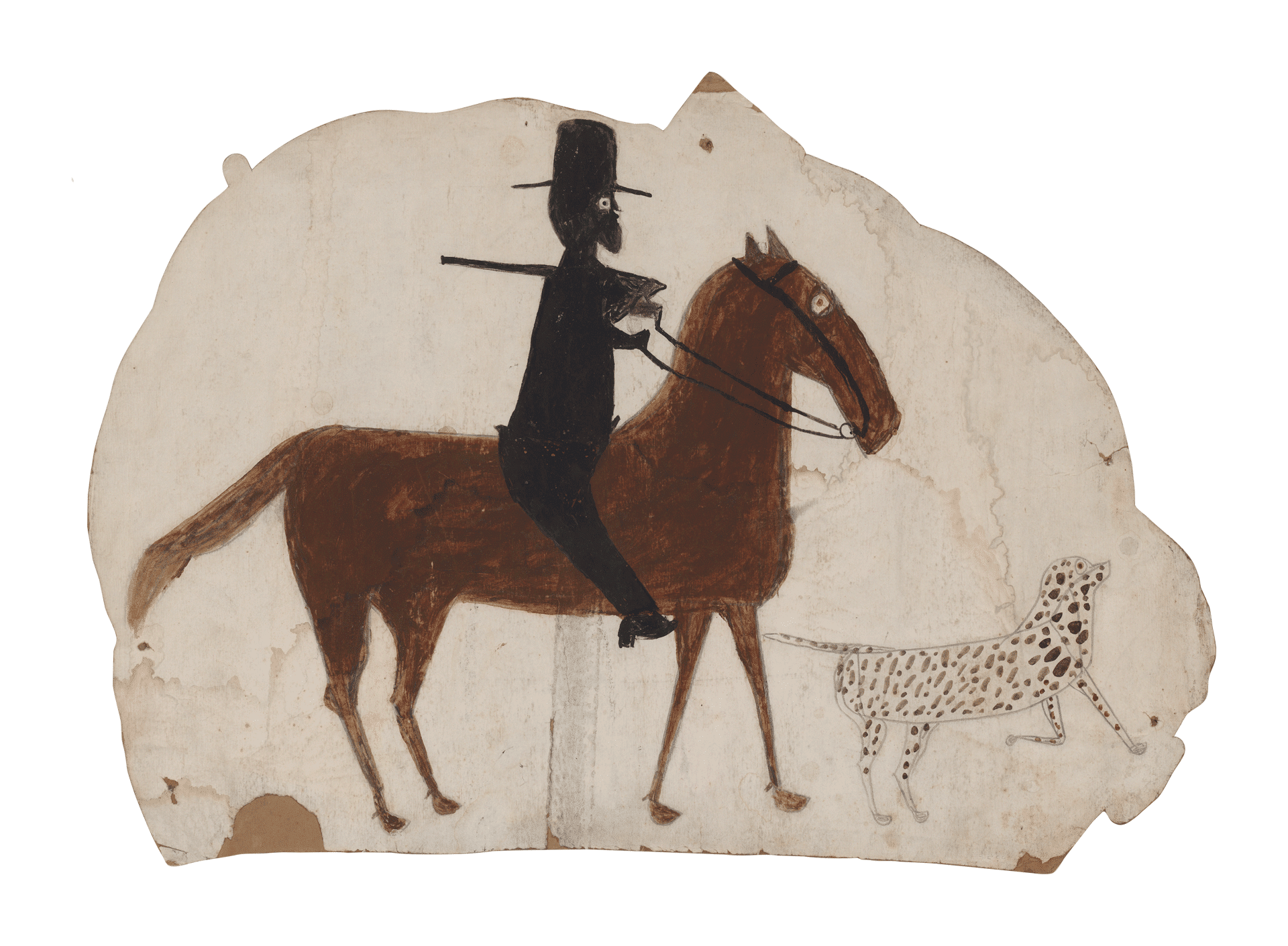 A mixed media work on cardboard by Bill Traylor, titled Hunter on Horseback with Spotted Dog, 1939 to 1942.