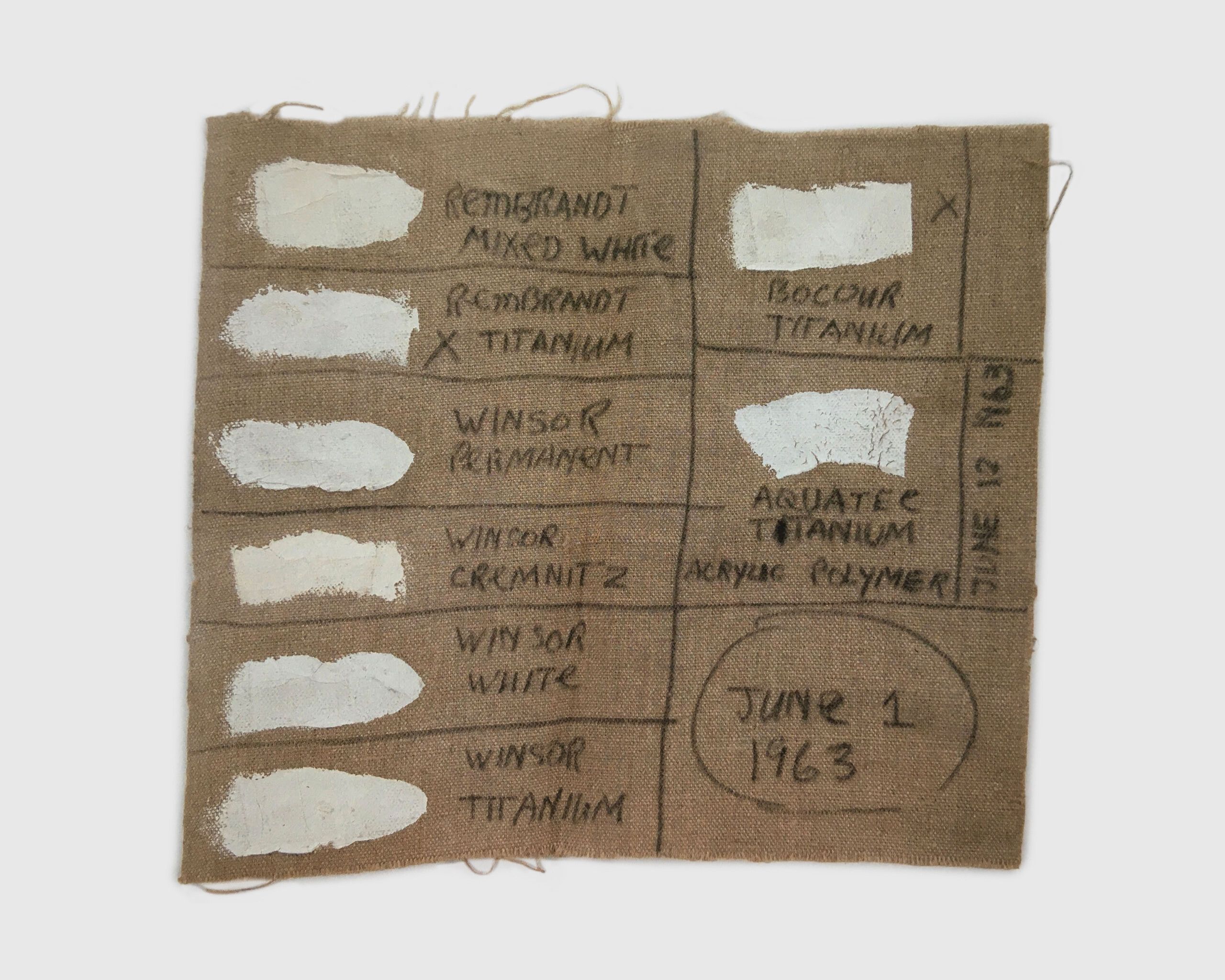 An archival material test on brown canvas by Robert Ryman in 1963