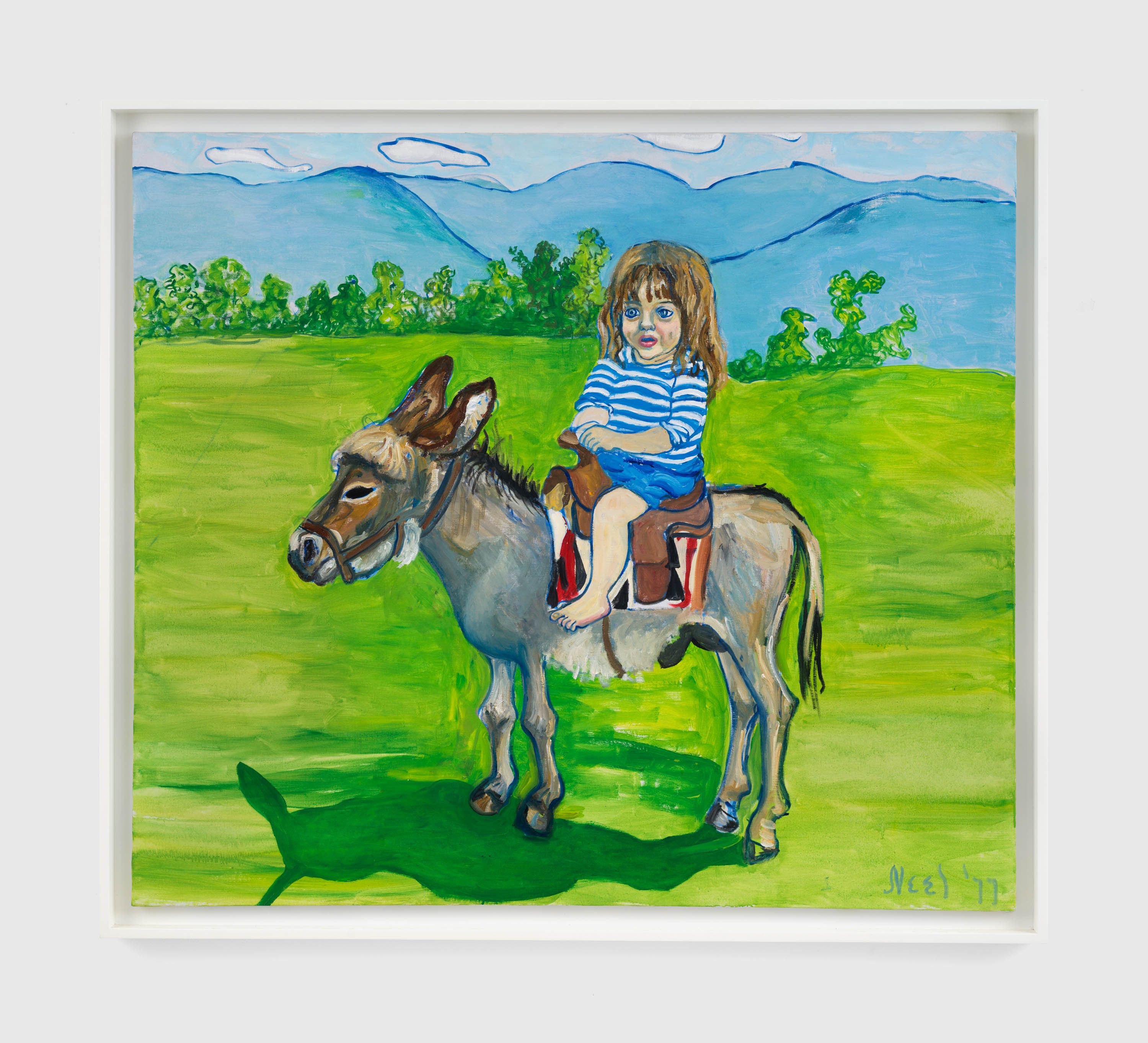 A painting by Alice Neel, titled Elizabeth on the Donkey, dated 1977.