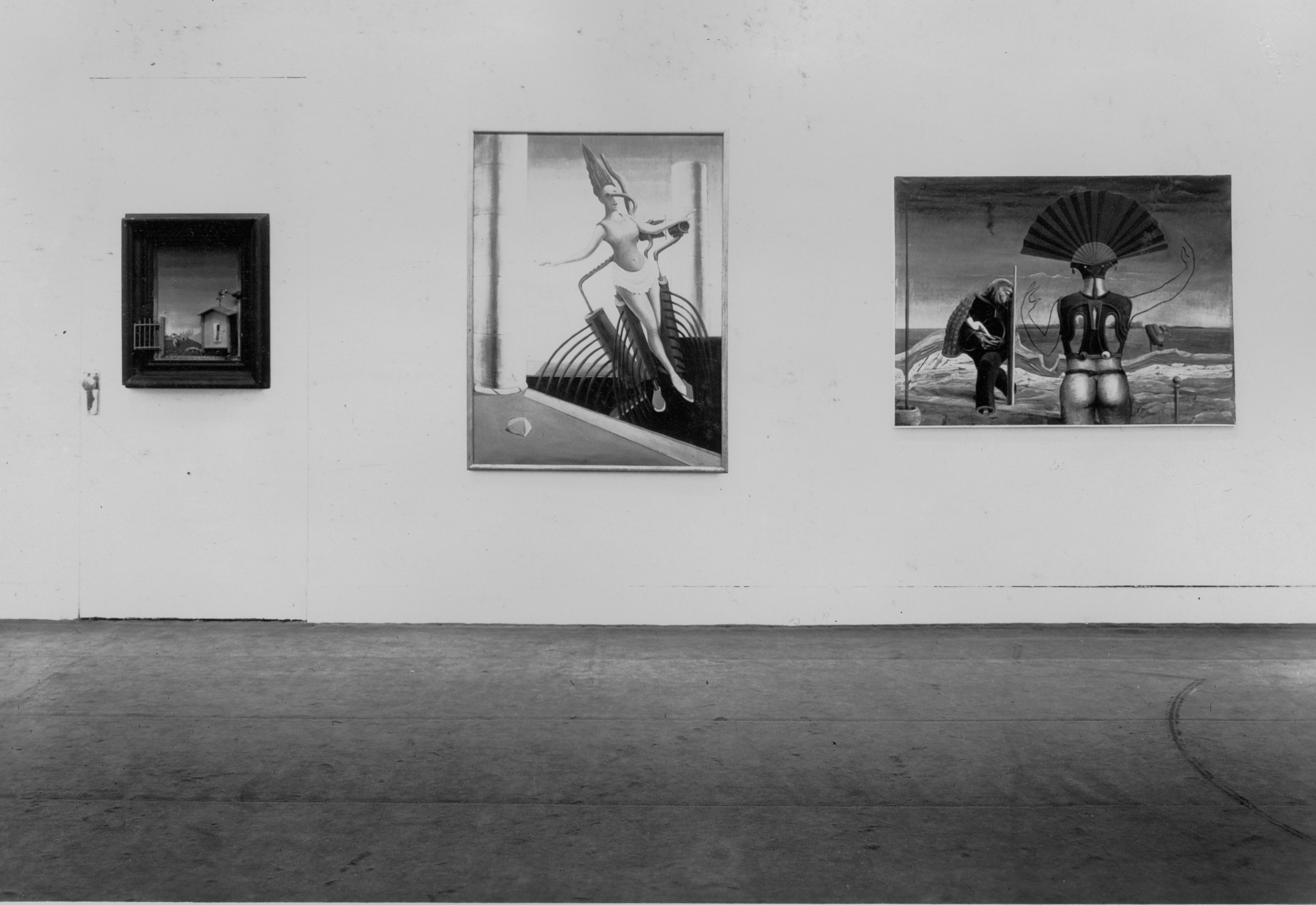 Installation view of the exhibition Fantastic Art, Dada, Surrealism, at The Museum of Modern Art in New York, dated 1936 to1937.