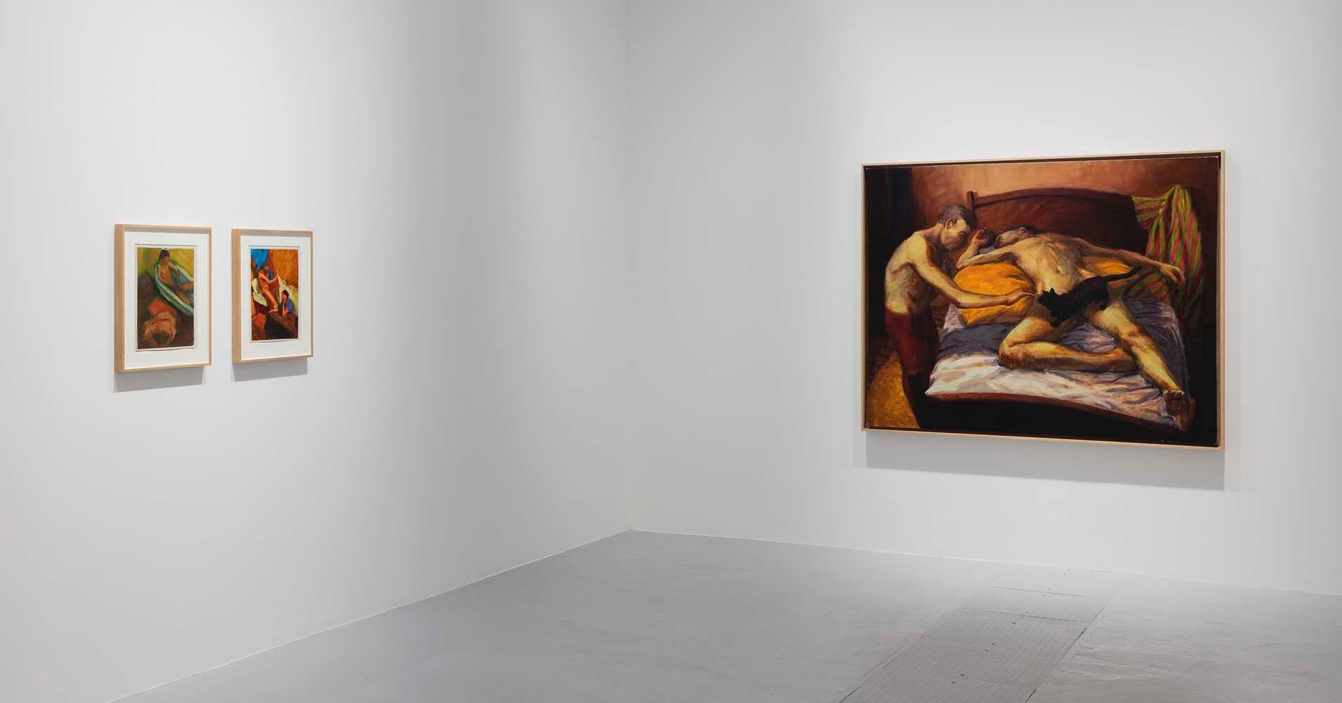 An installation view of an exhibition titled, High Steers: Blue Towel, Red Tank, at David Zwirner, Paris, in 2021.