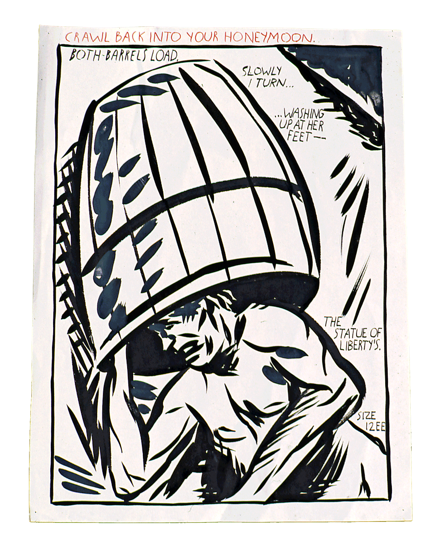 A drawing by Raymond Pettibon, titled No Title (Crawl back into), dated 1990.
