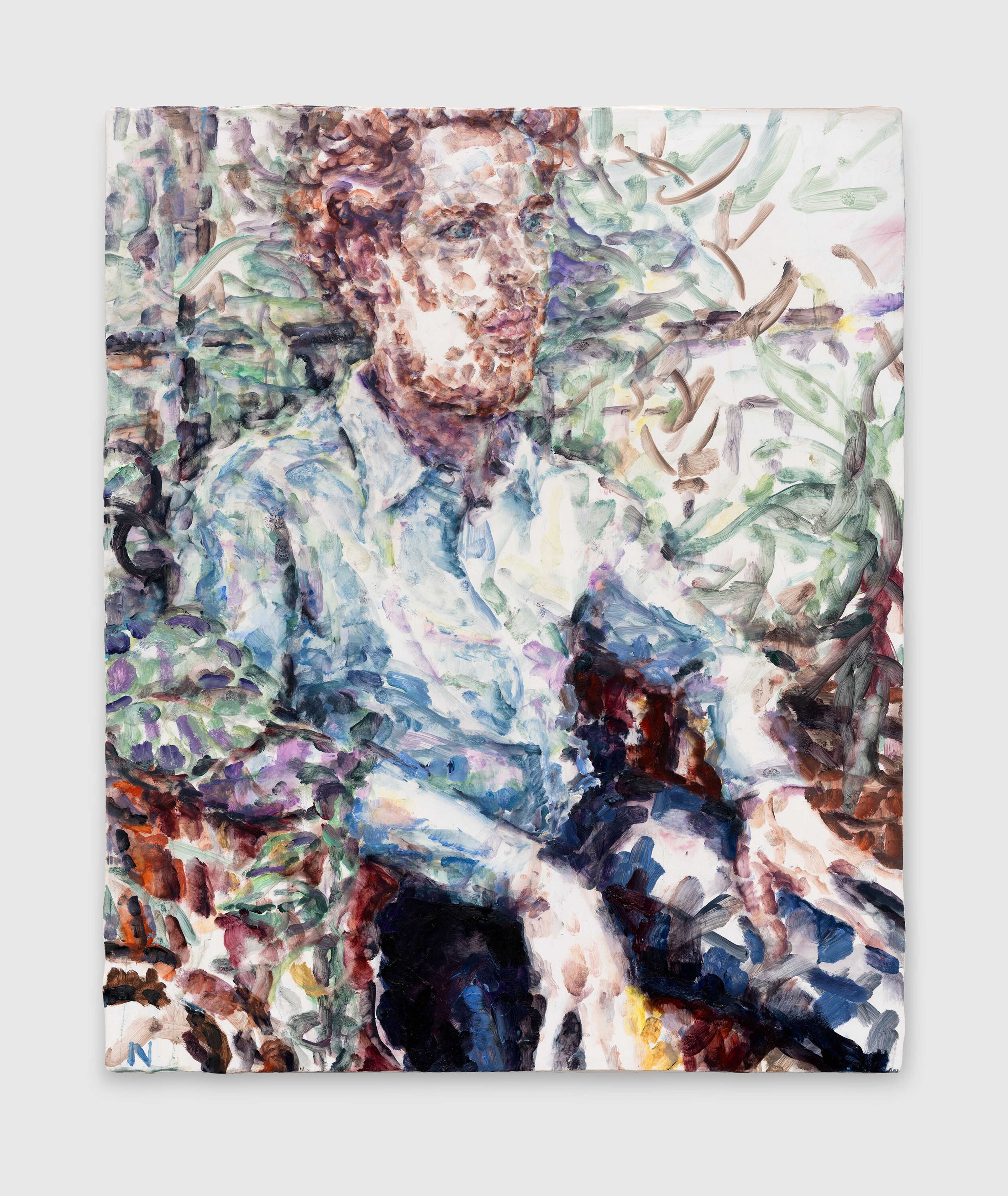 A oil on linen on board painting by Elizabeth Peyton, titled Nick at home (London), dated 2025.