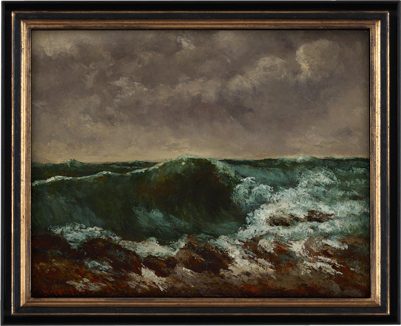 An oil painting on canvas by Gustave Courbet, titled, La Vague, circa 1869 to 1870.
