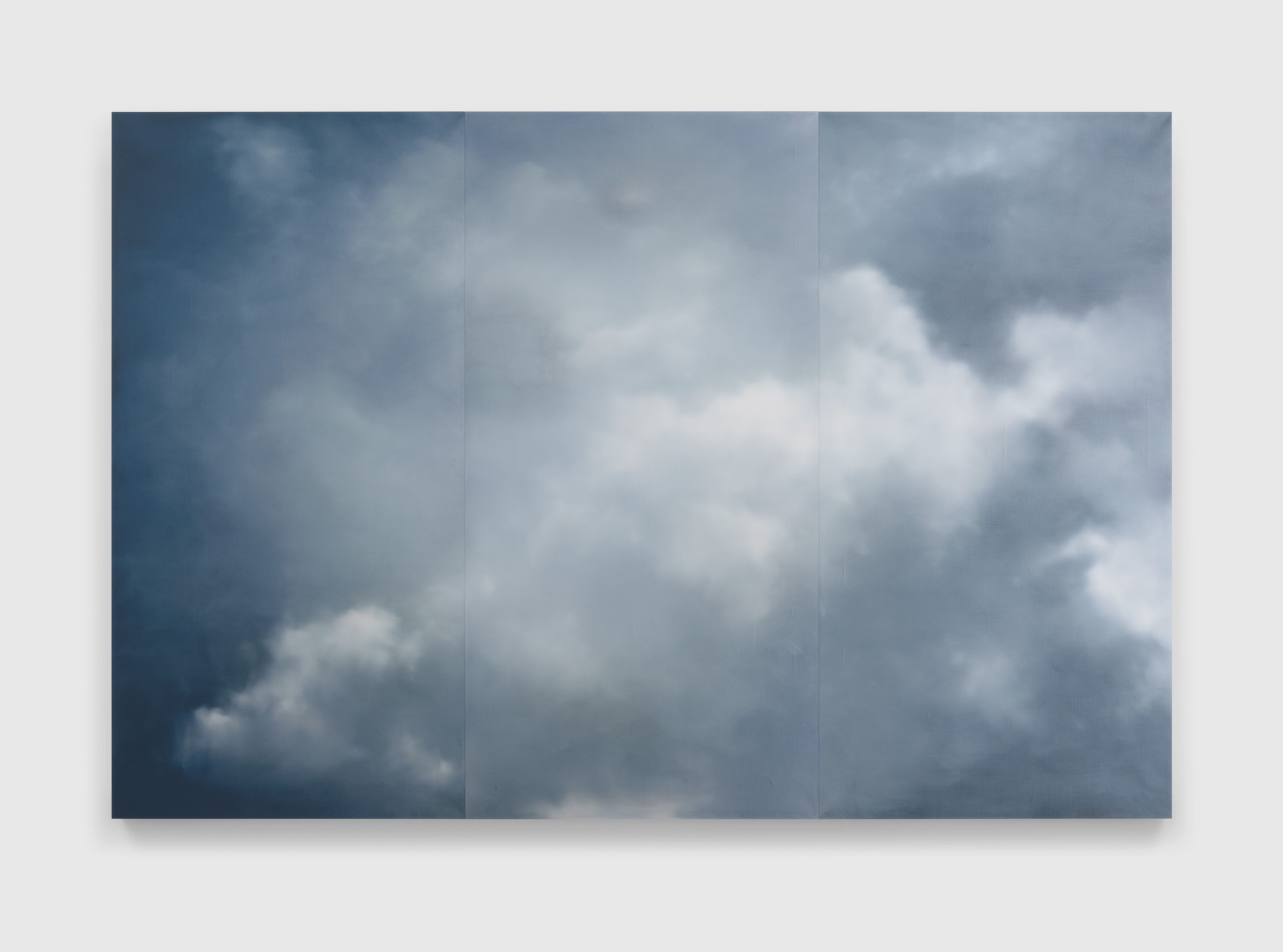 A 3-part print by Gerhard Richter, titled Wolken (blau) (Clouds [Blue]), dated 2025.