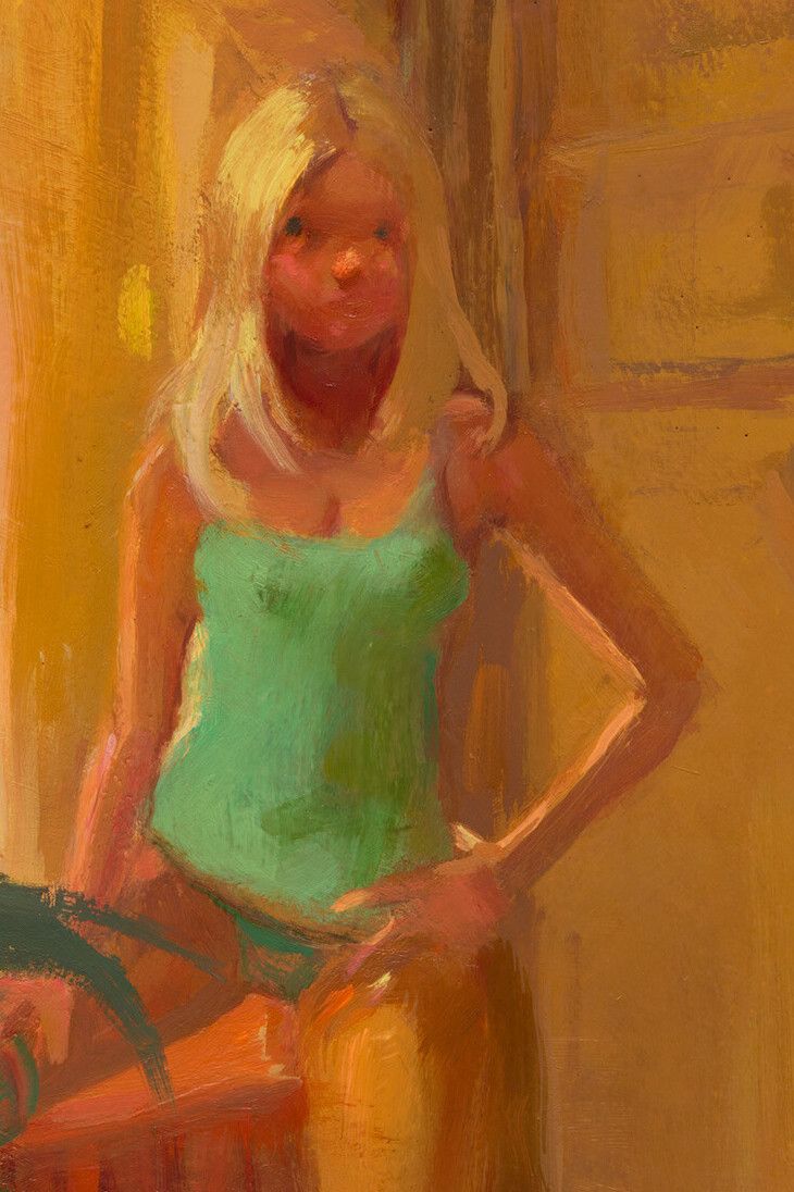 A detail of an artwork by Lisa Yuskavage, titled Tank Top Tondo, dated 2023