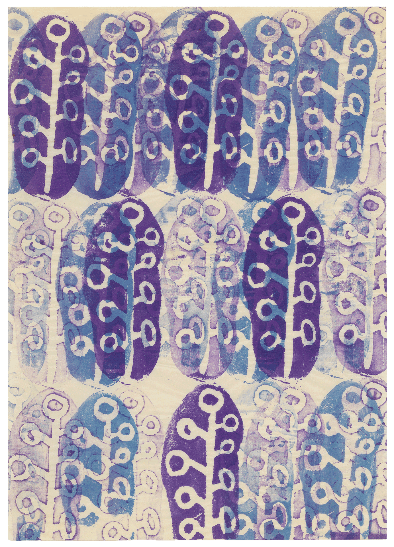 A work on paper by Ruth Asawa, titled Untitled (SF.045B, Potato Print Branches, Purple/Blue), dated 1951 to 1952.