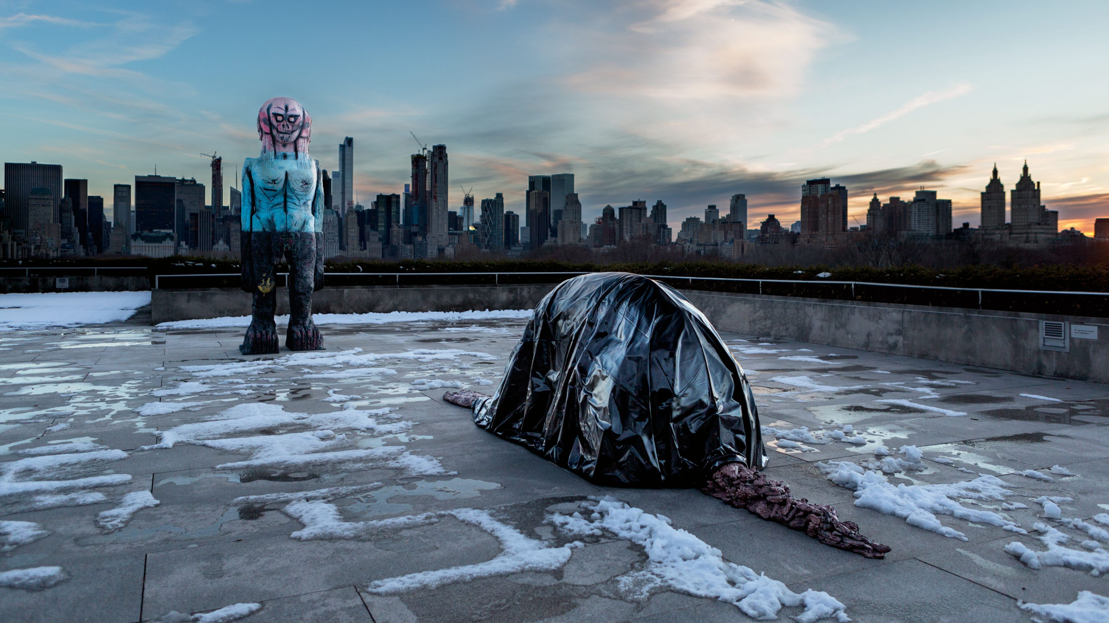 Installation view of Huma Bhabha: We Come in Peace at the Metropolitan Museum of Art in New York, dated 2018.